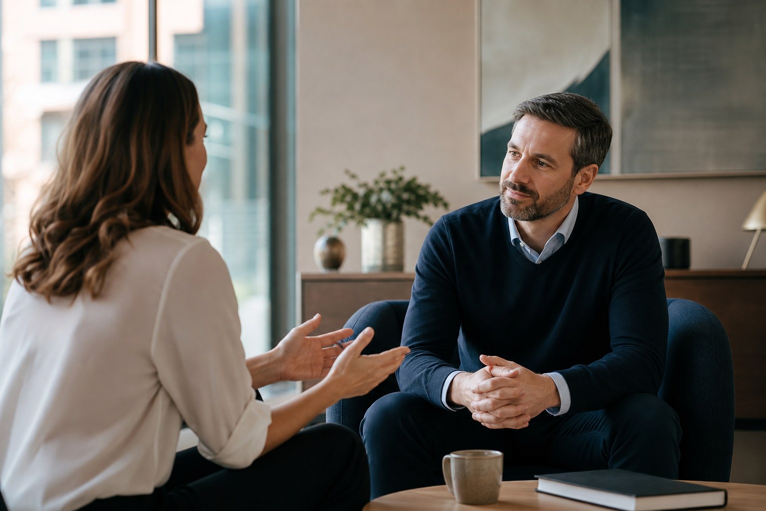 A manager listening closely during a private conversation