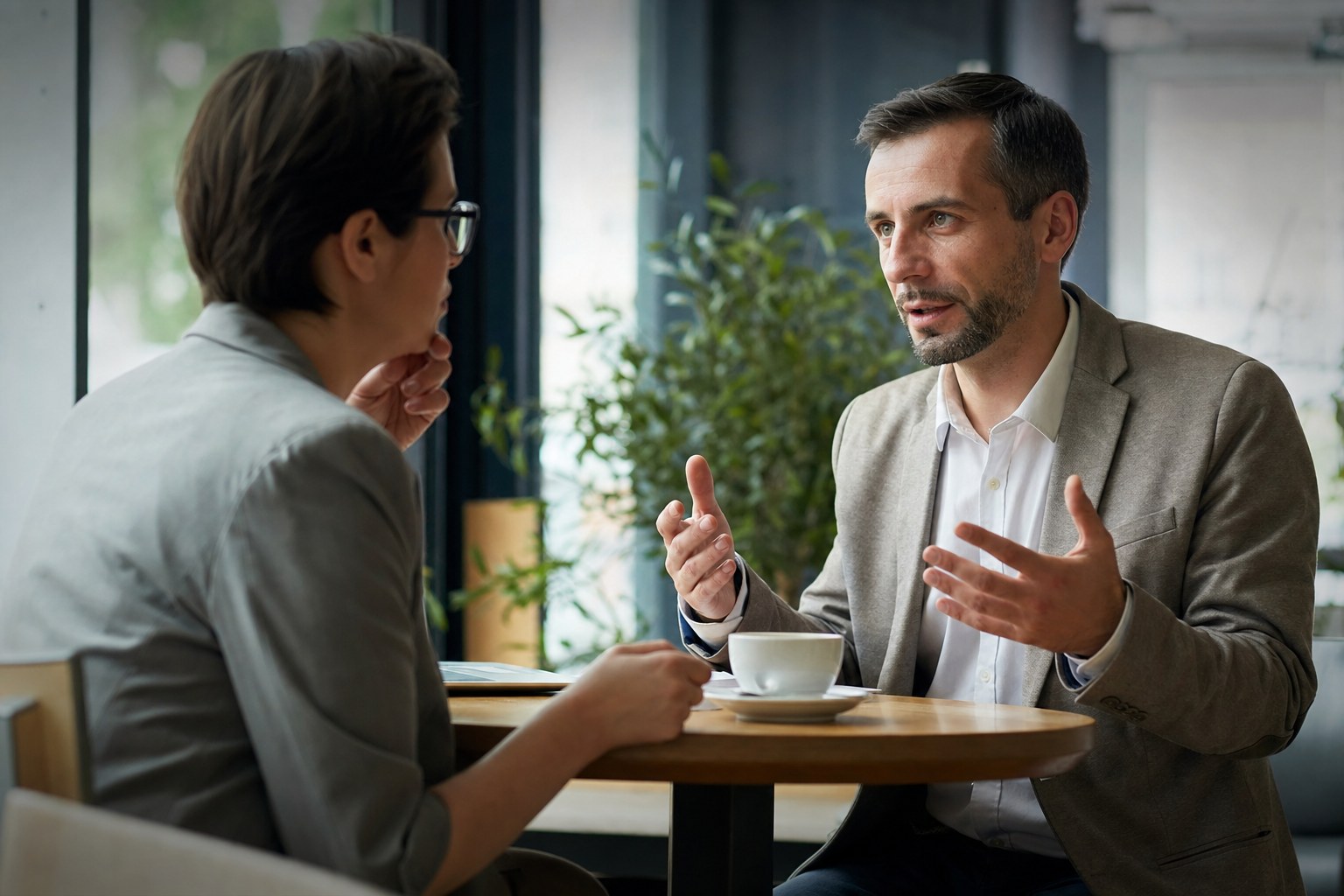 Two professionals having a private, respectful workplace conversation