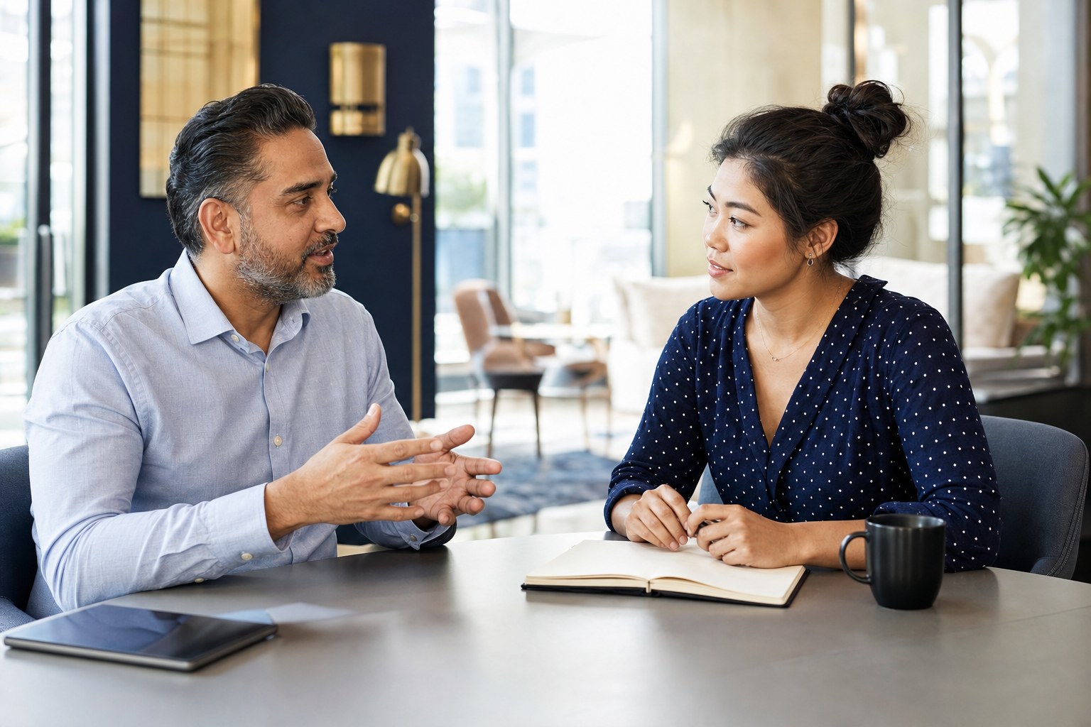 A manager and employee having an attentive one-to-one conversation at a table