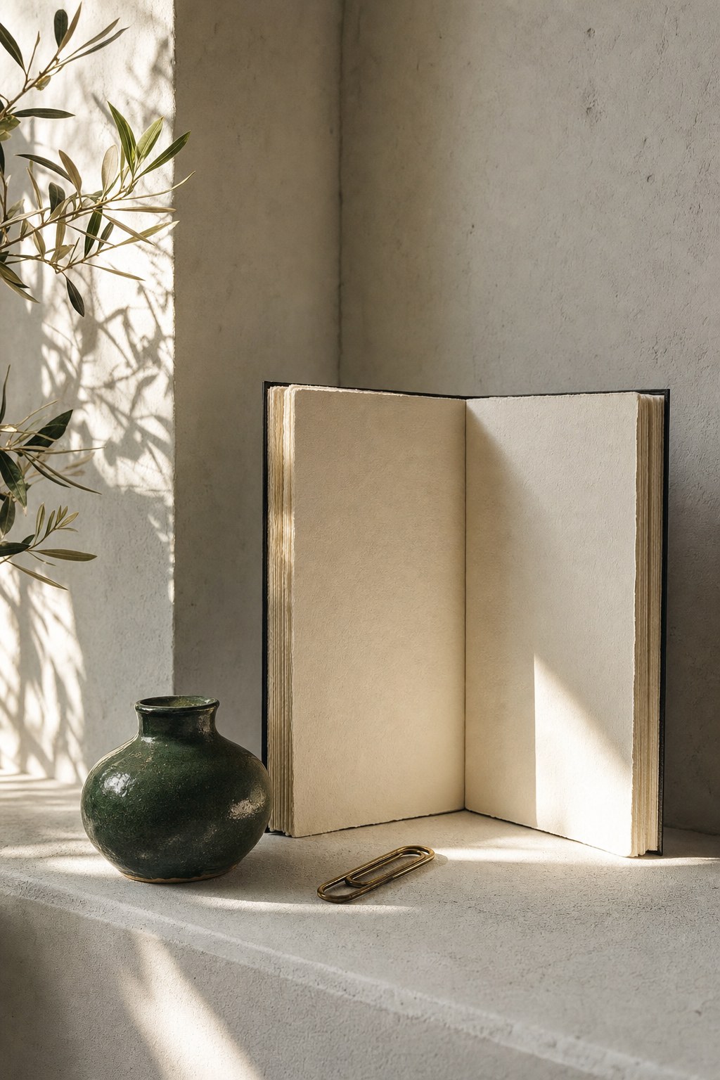 Open blank notebook with a green ceramic vessel in a sunlit reading corner