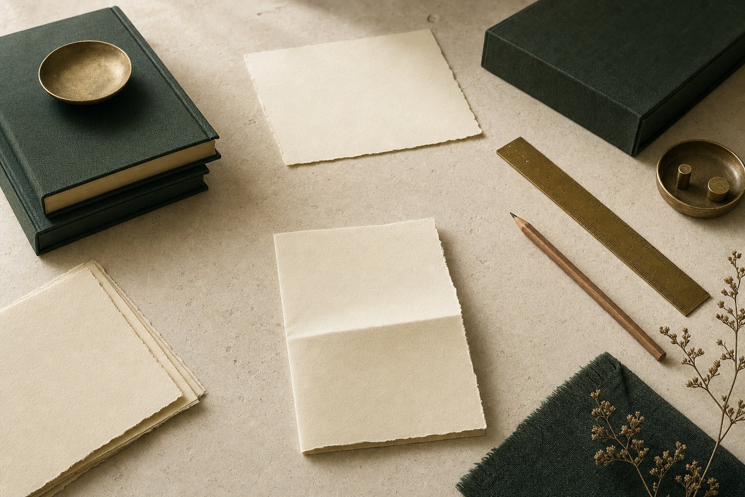 Cream archival paper and dark green books on a textured studio table