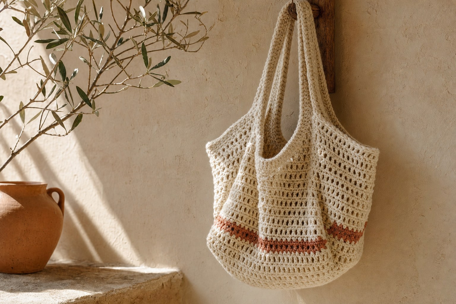 Illustrative crochet bag in a sunlit interior