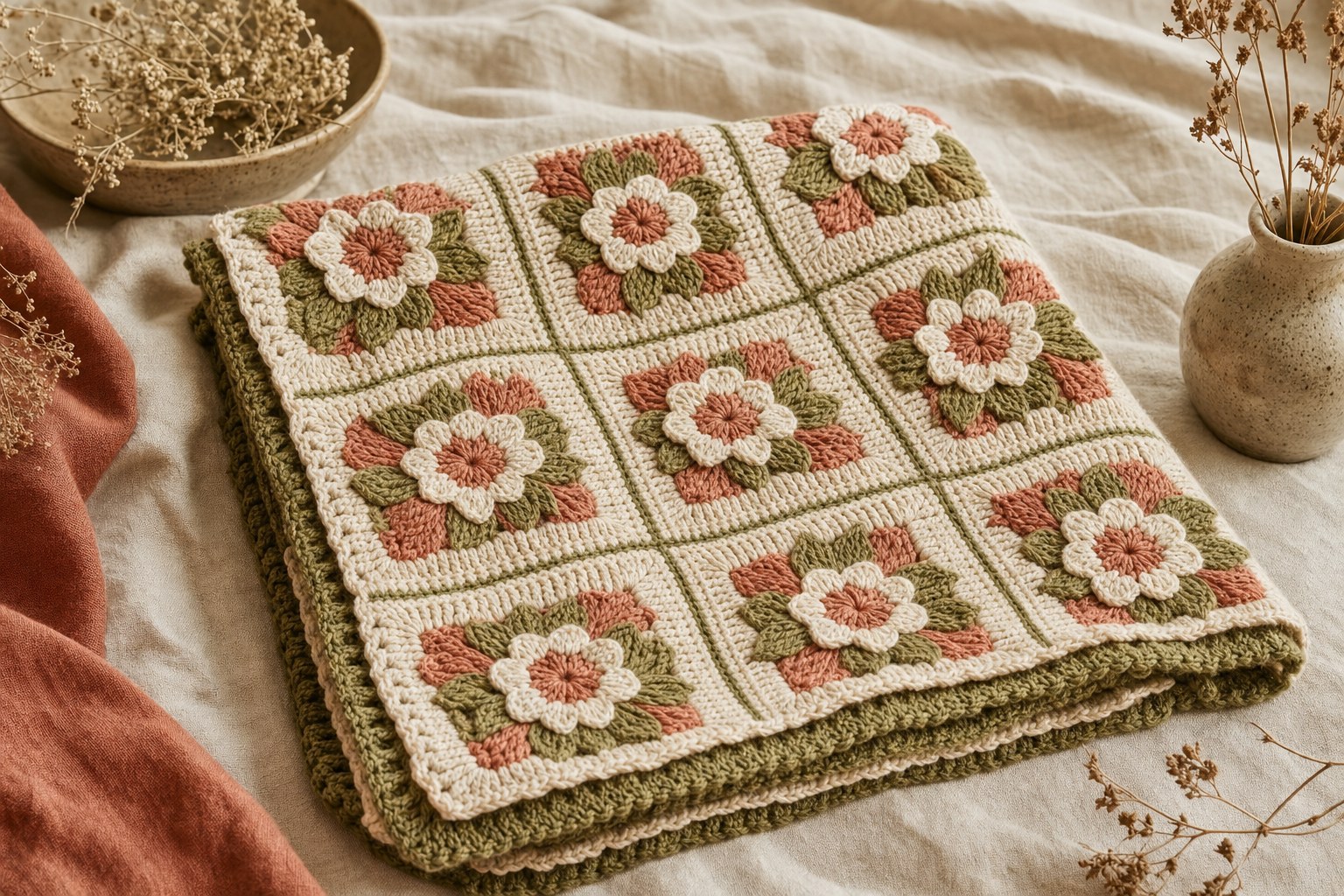 Illustrative floral crochet blanket on warm linen