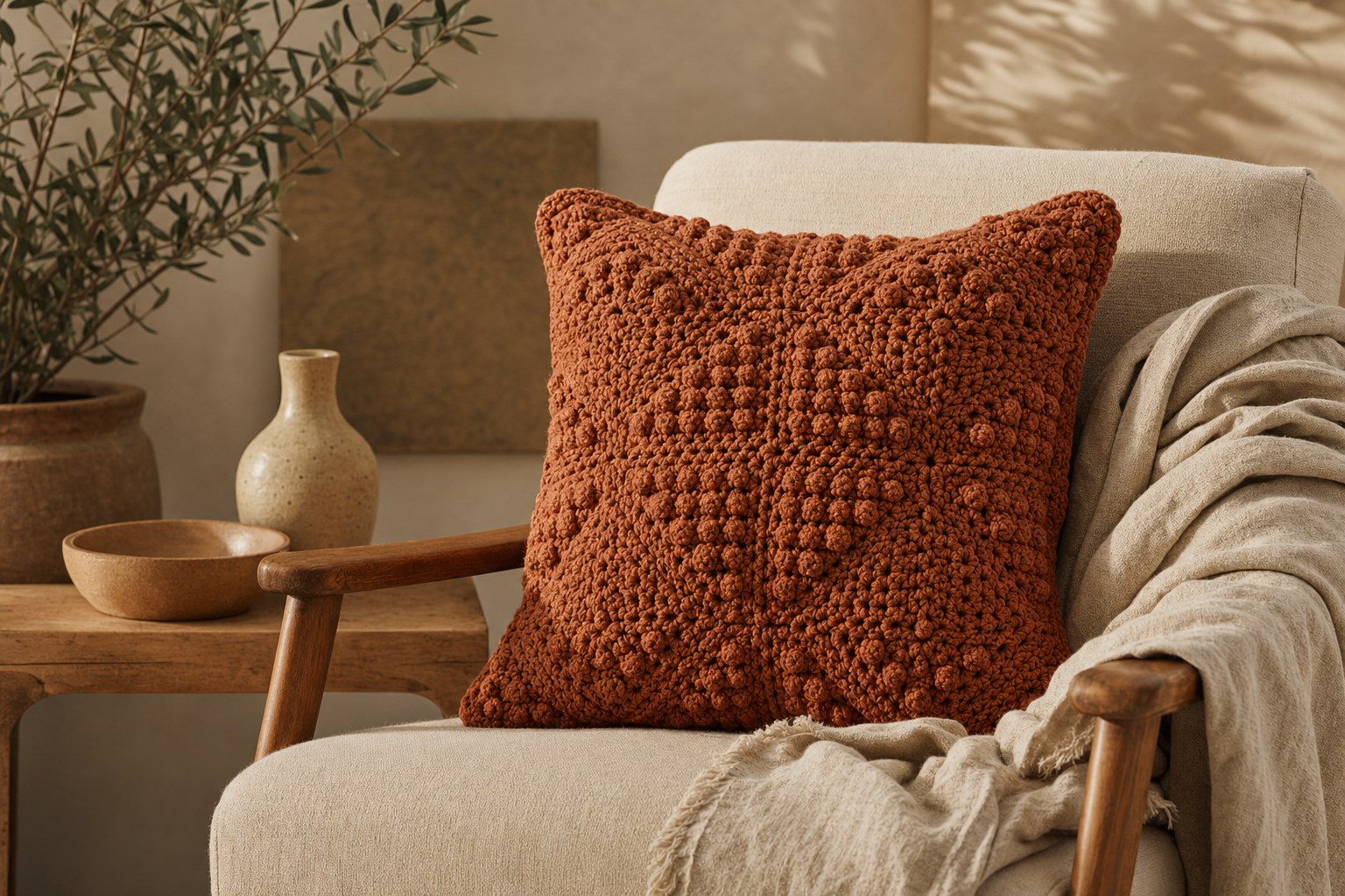 Illustrative textured crochet cushion in a warm room