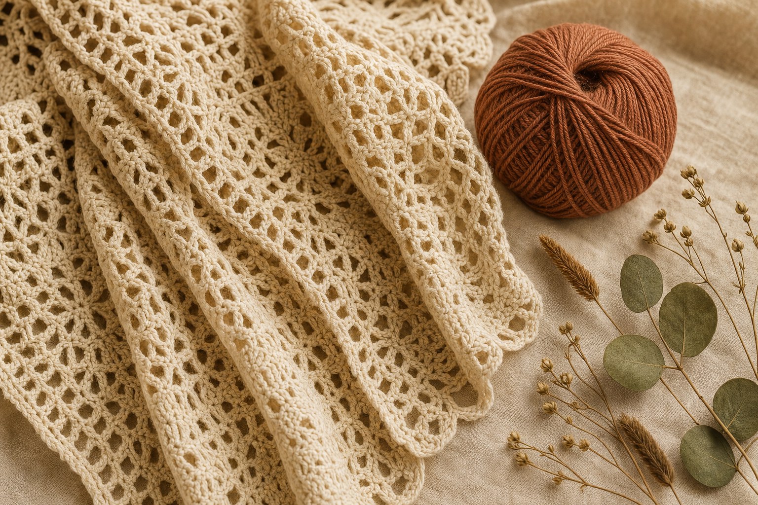 Illustrative still life of crochet texture, terracotta yarn, and dried stems