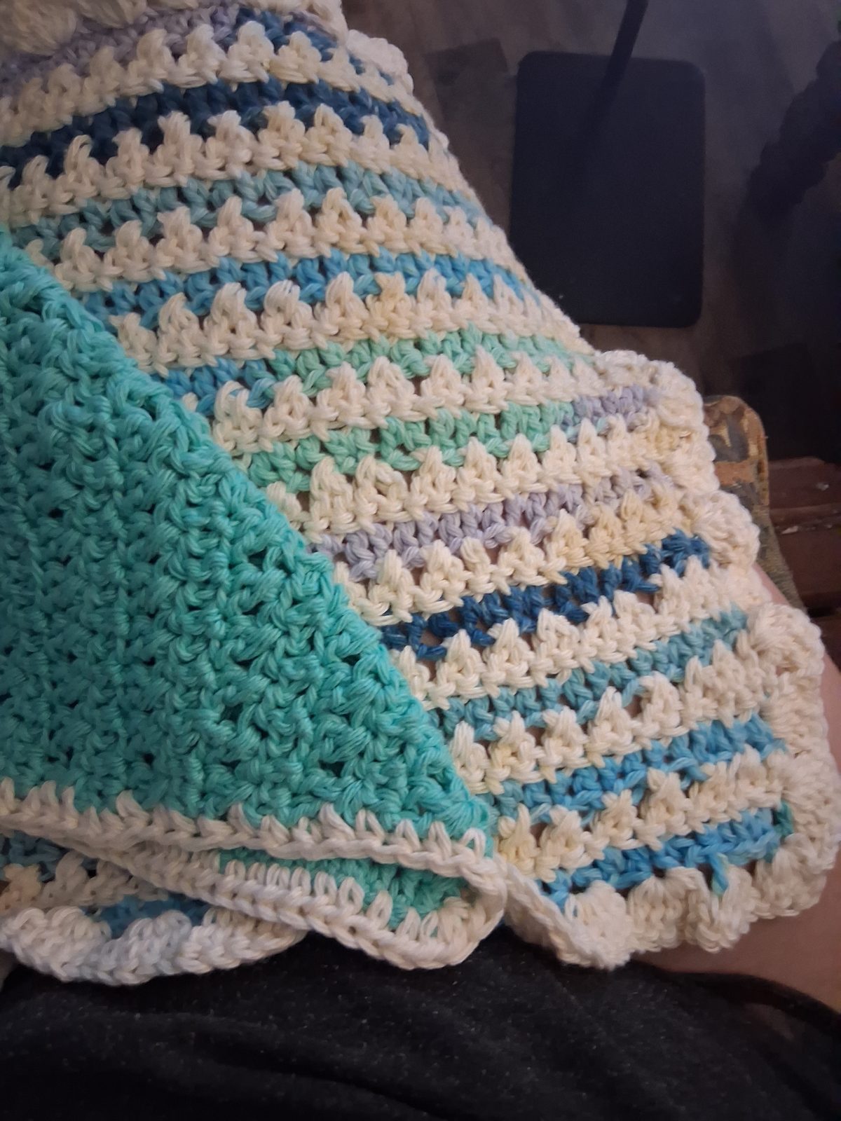 Crocheted washcloth and face cloth set in turquoise, cream, blue, and lilac