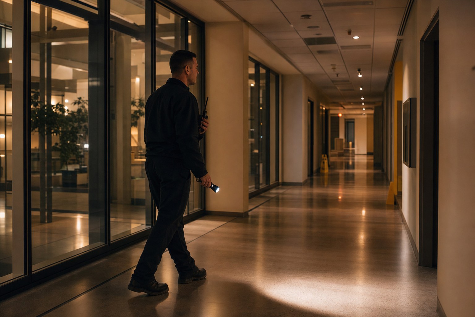 Safety observer walking a commercial corridor during an after-hours inspection