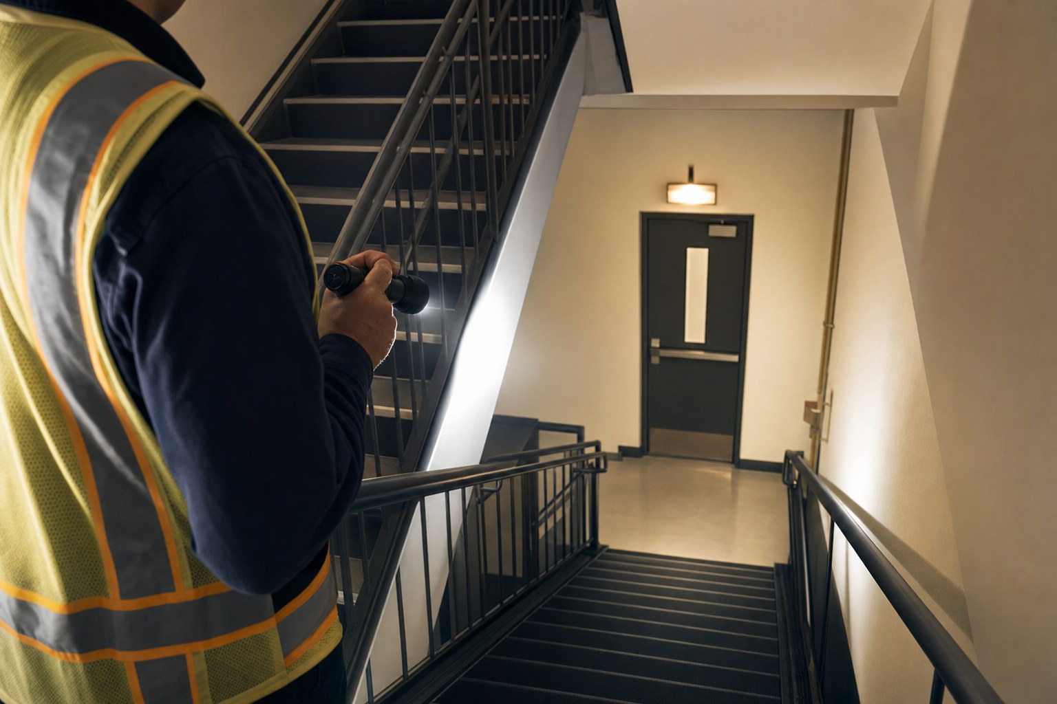 Safety observer checking a commercial stairwell and exit route