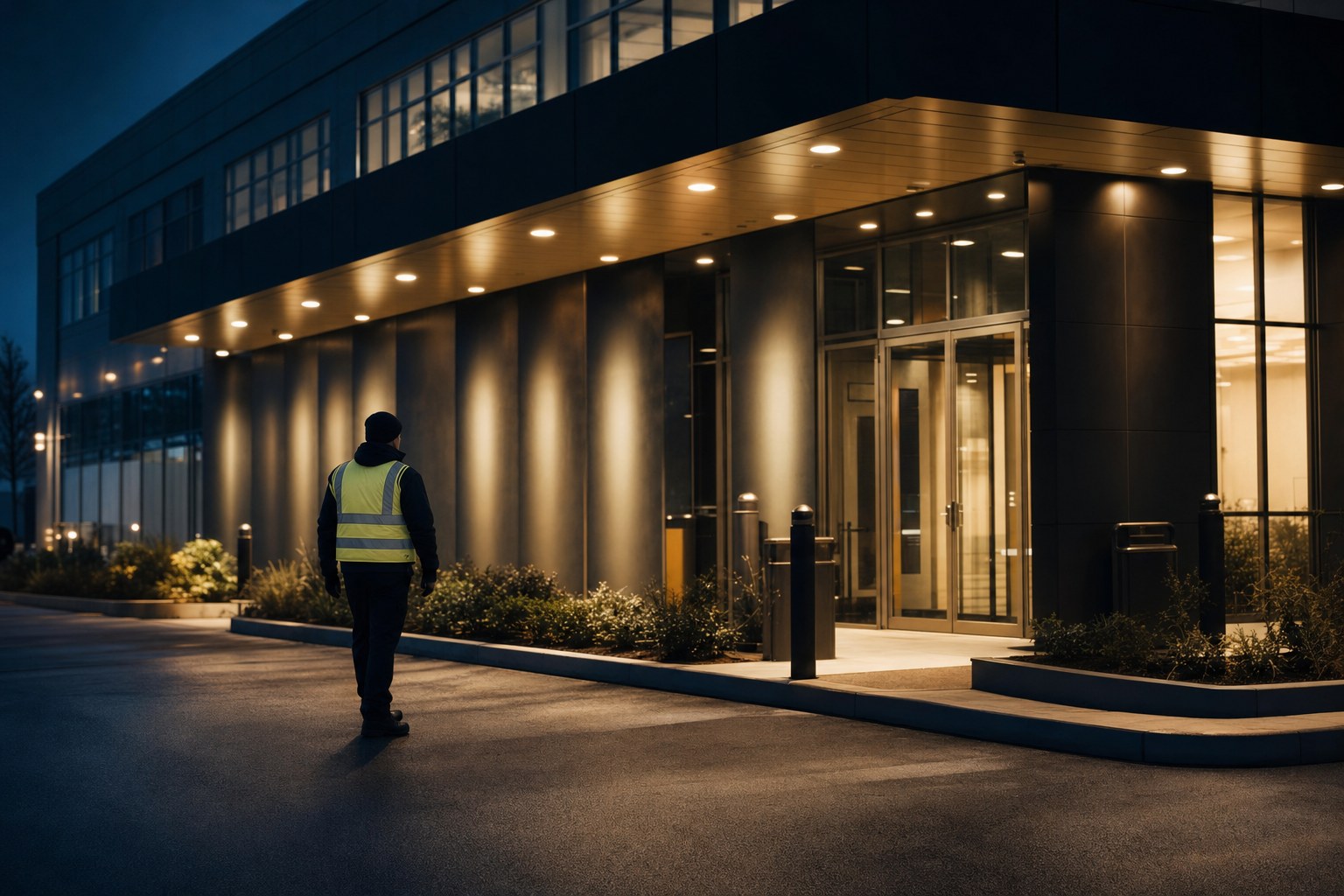 Safety observer checking the perimeter of a commercial property at dusk