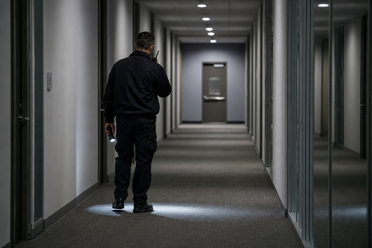 Safety observer walking a commercial corridor with a flashlight and radio