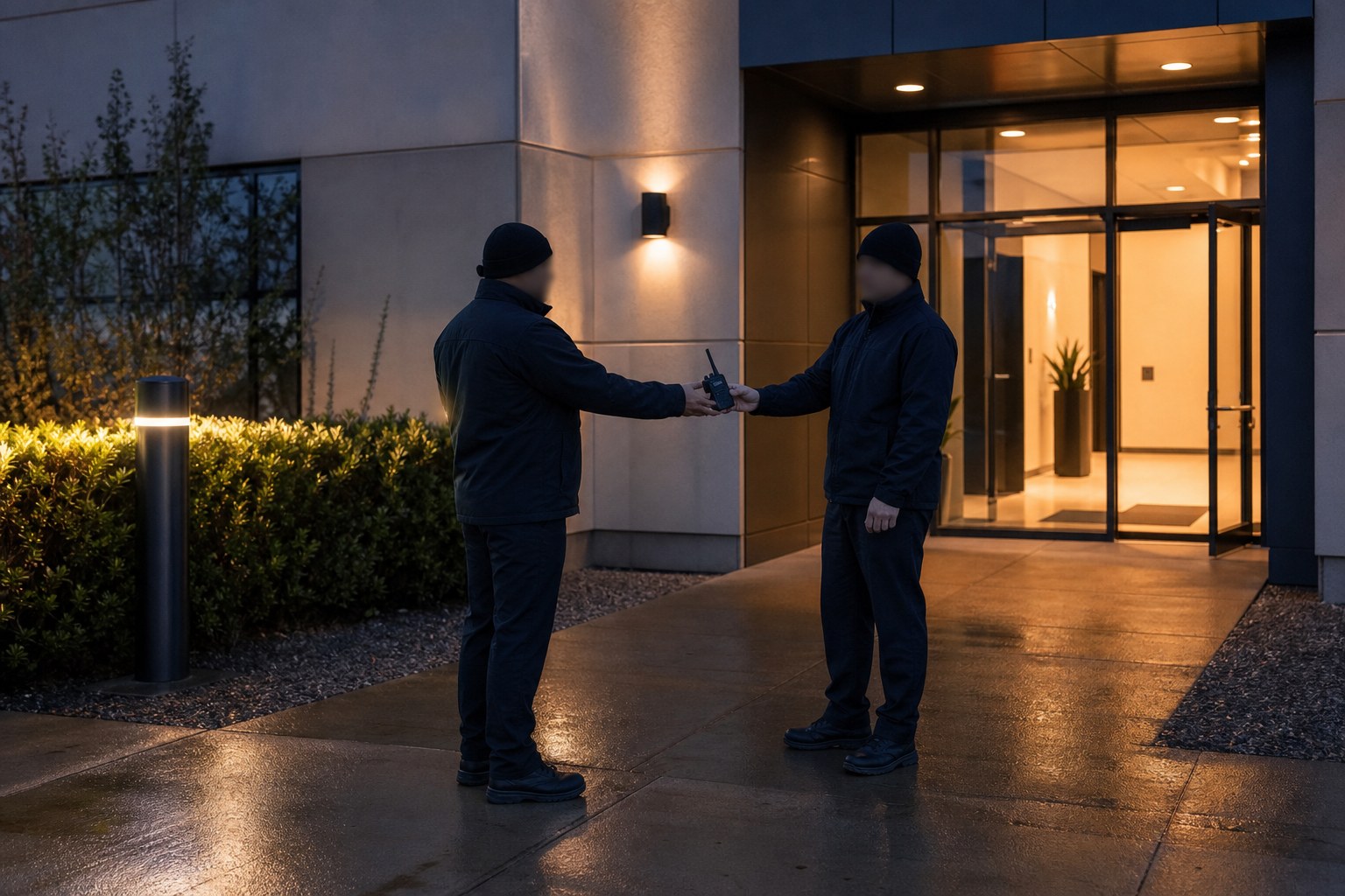 Two safety personnel handing off a radio outside a commercial property at dusk