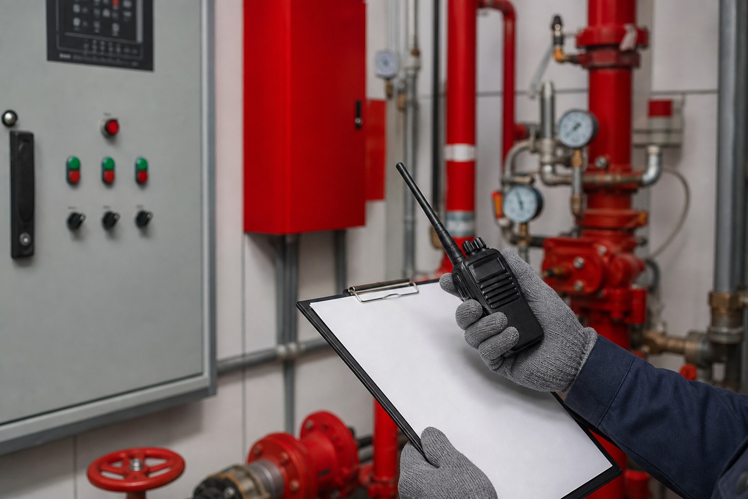 Radio and blank clipboard held in a commercial fire-protection equipment room