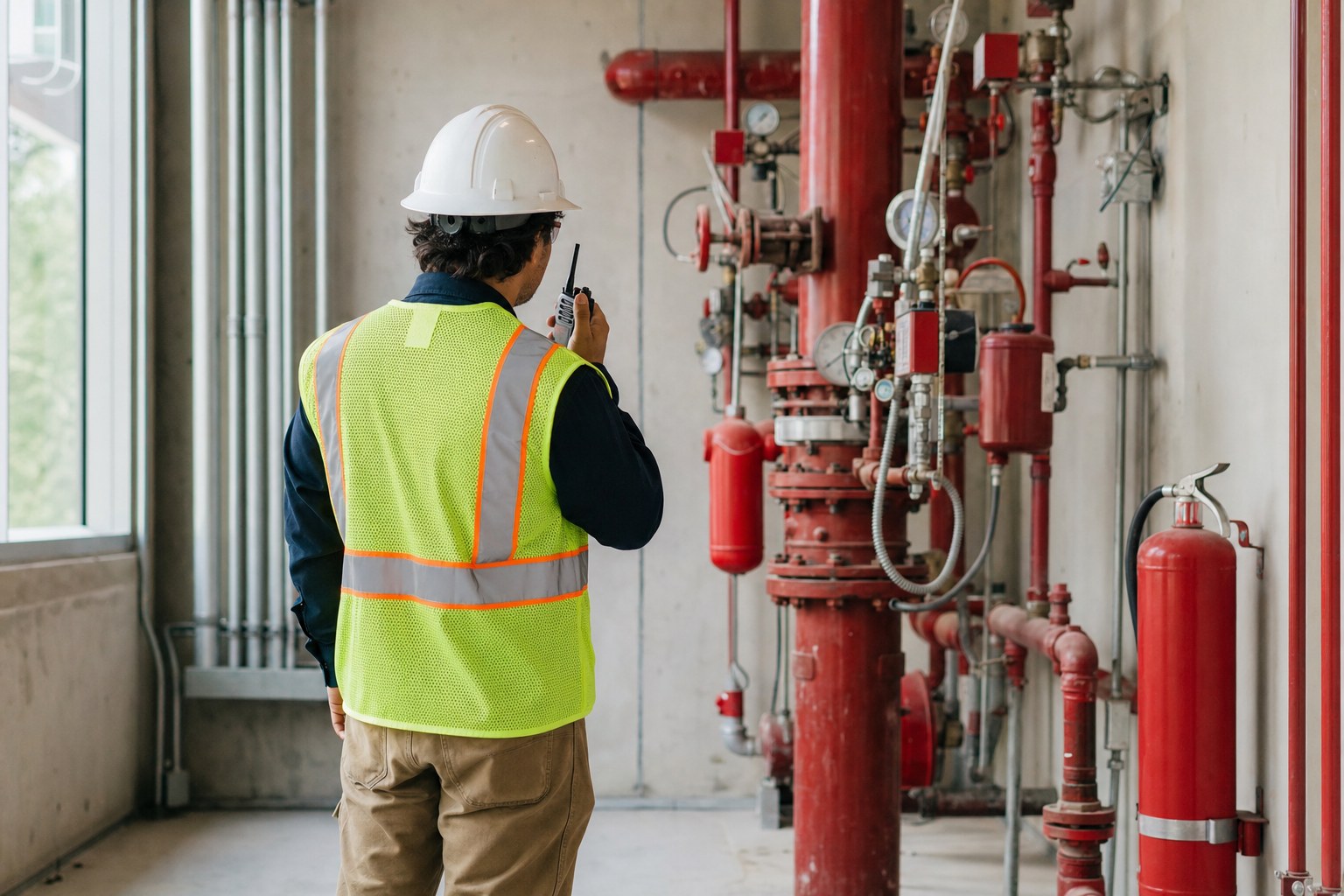 Safety observer inspecting a commercial fire protection system area