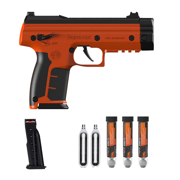 Byrna LE Universal Kit in orange, launcher and pictured supplies