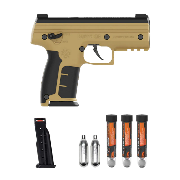 Byrna SD Universal Kit in tan, launcher and pictured supplies