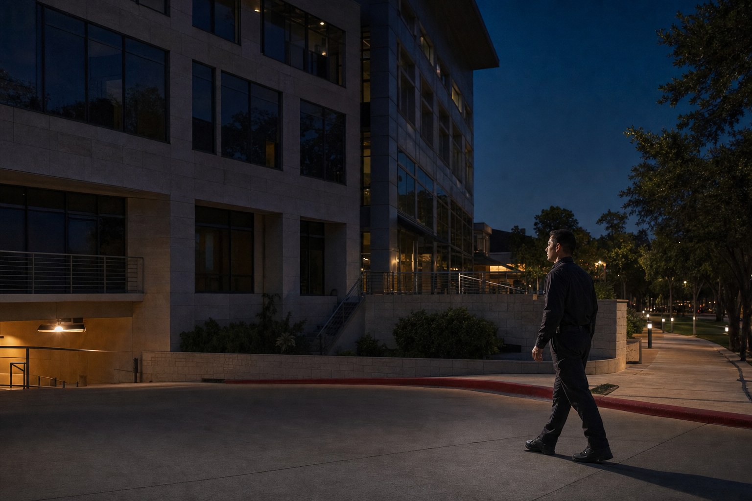 Illustrative security officer walking a commercial property at dusk