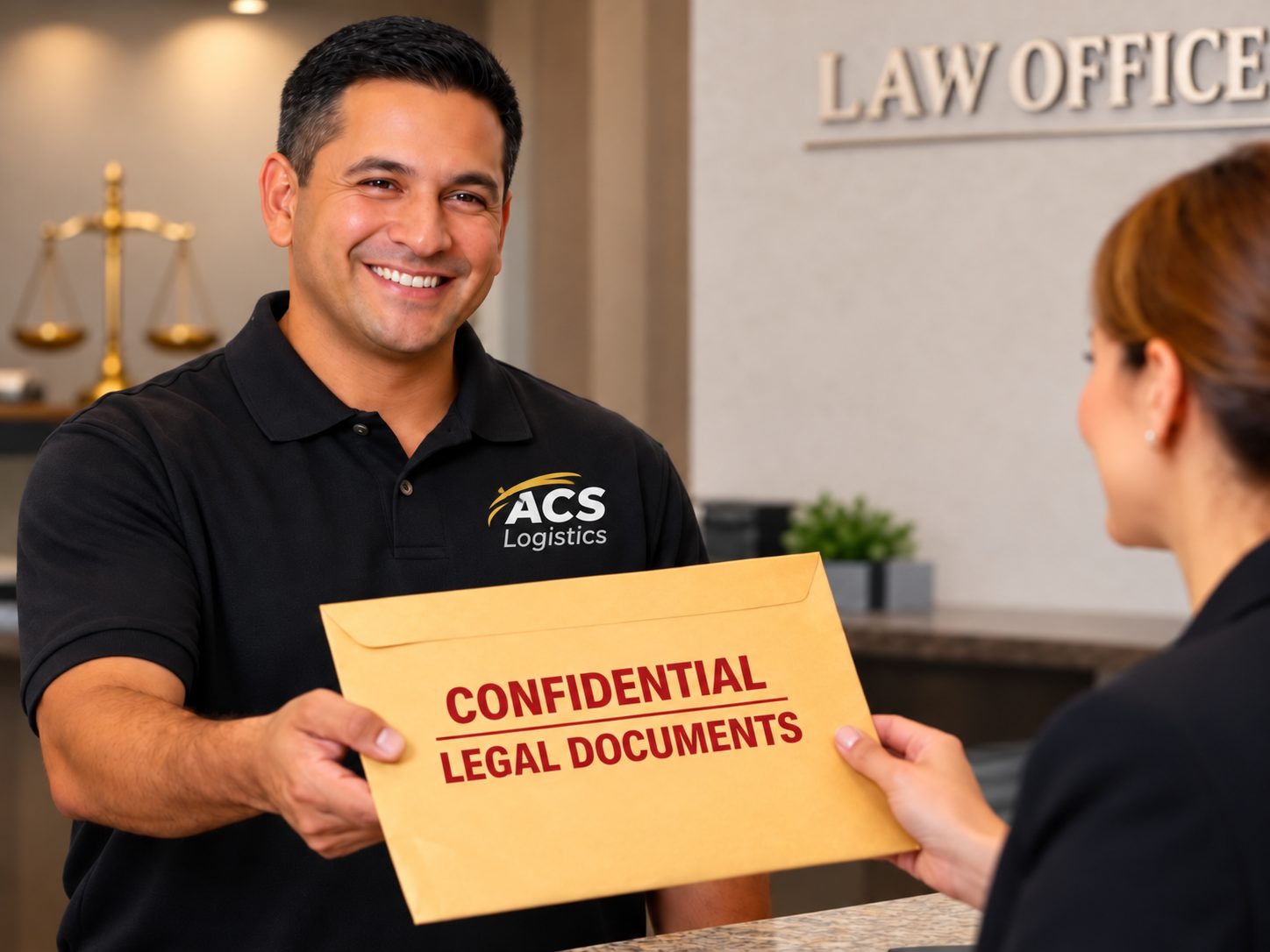 Illustration of confidential legal documents being handed over at a law office