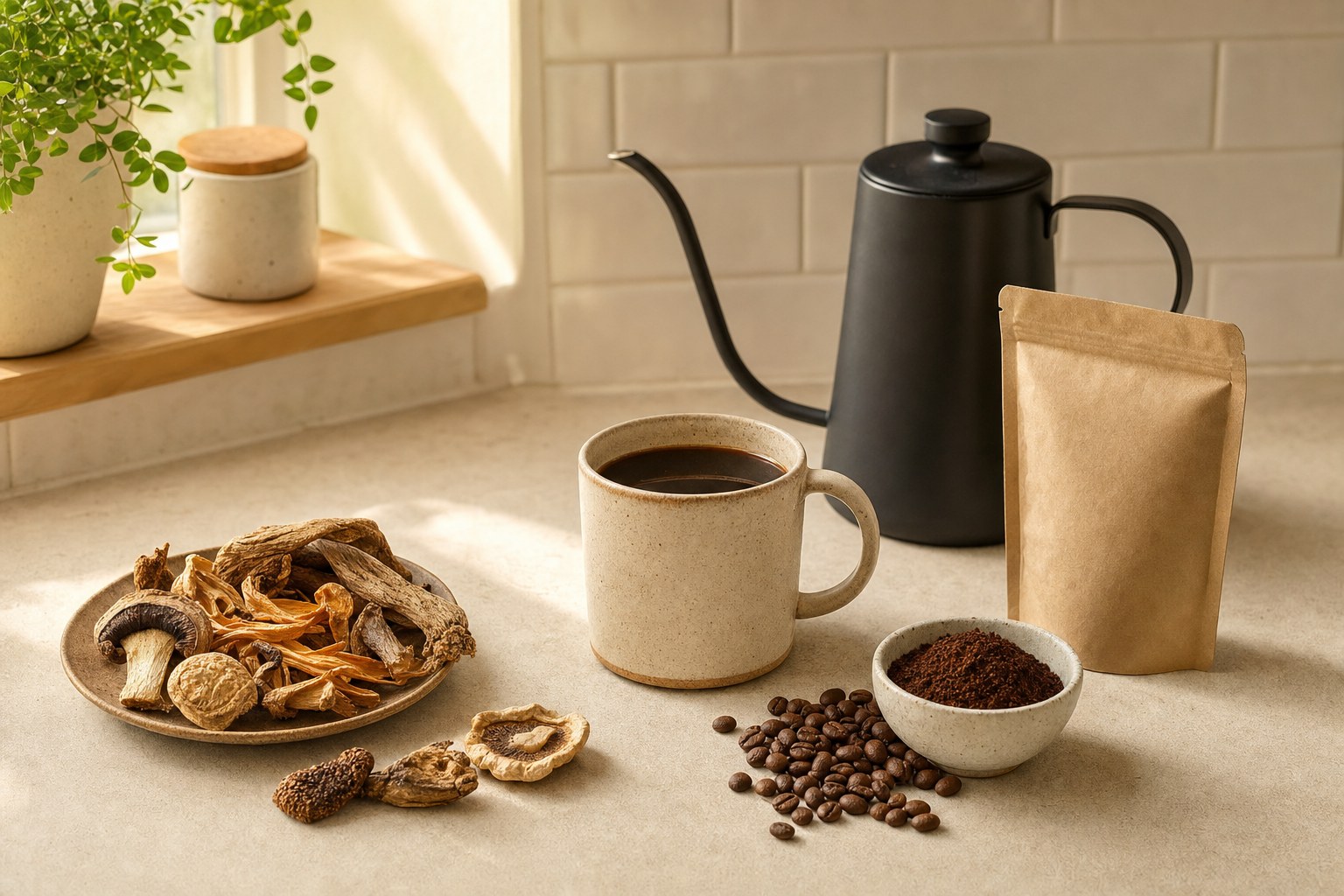 Fresh mushroom coffee, a pour-over kettle, coffee beans, and dried culinary mushrooms on a kitchen counter