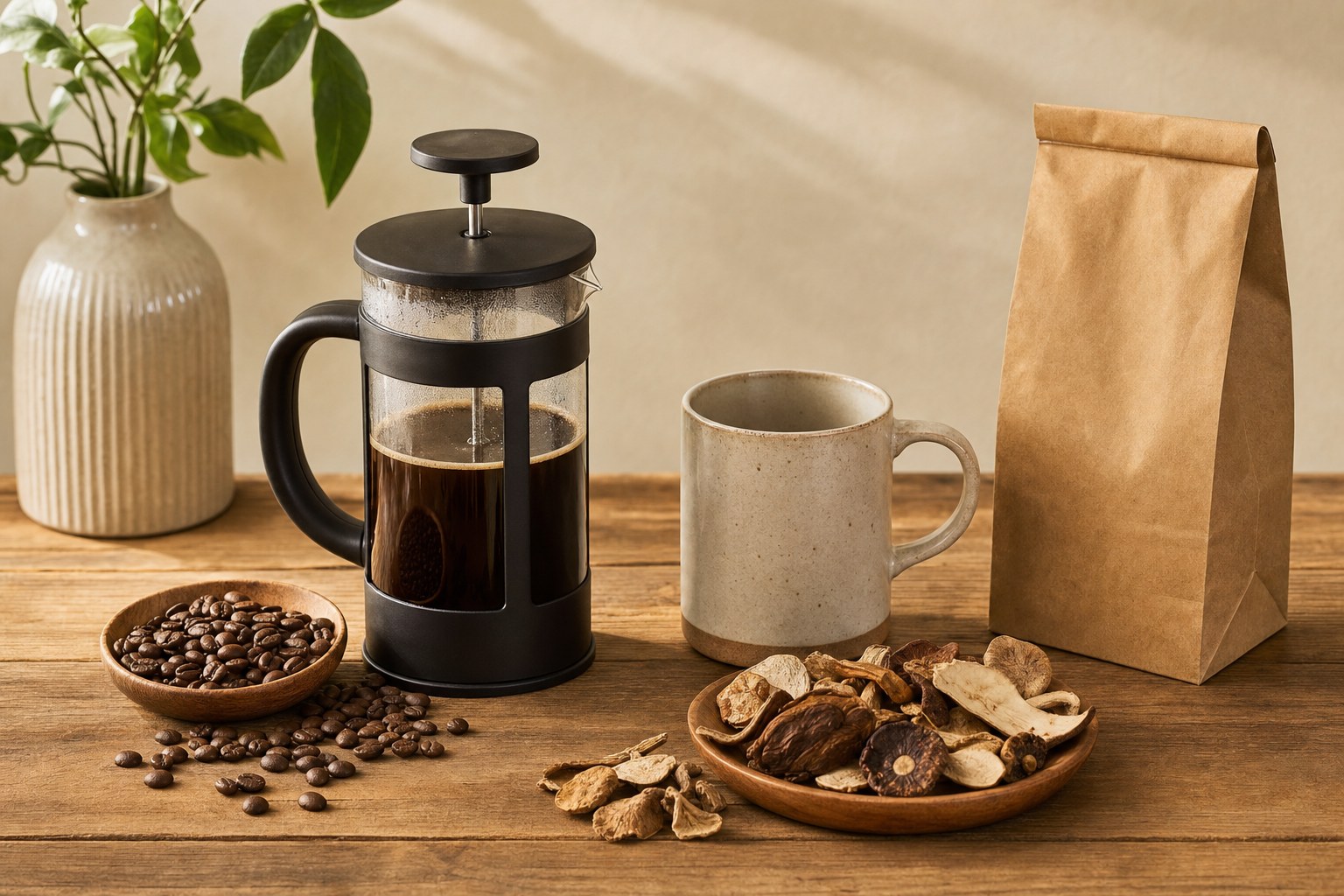 A French press, coffee mug, roasted beans, and dried culinary mushrooms on a wooden table