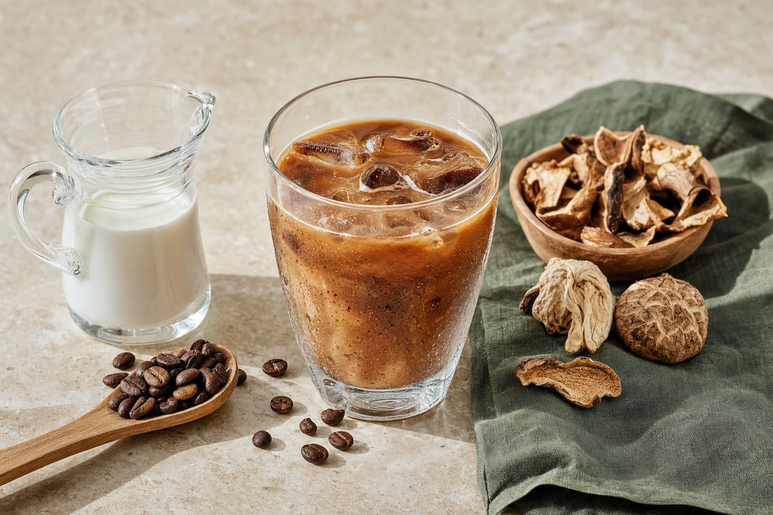 A glass of iced mushroom coffee with a small pitcher of milk and coffee beans