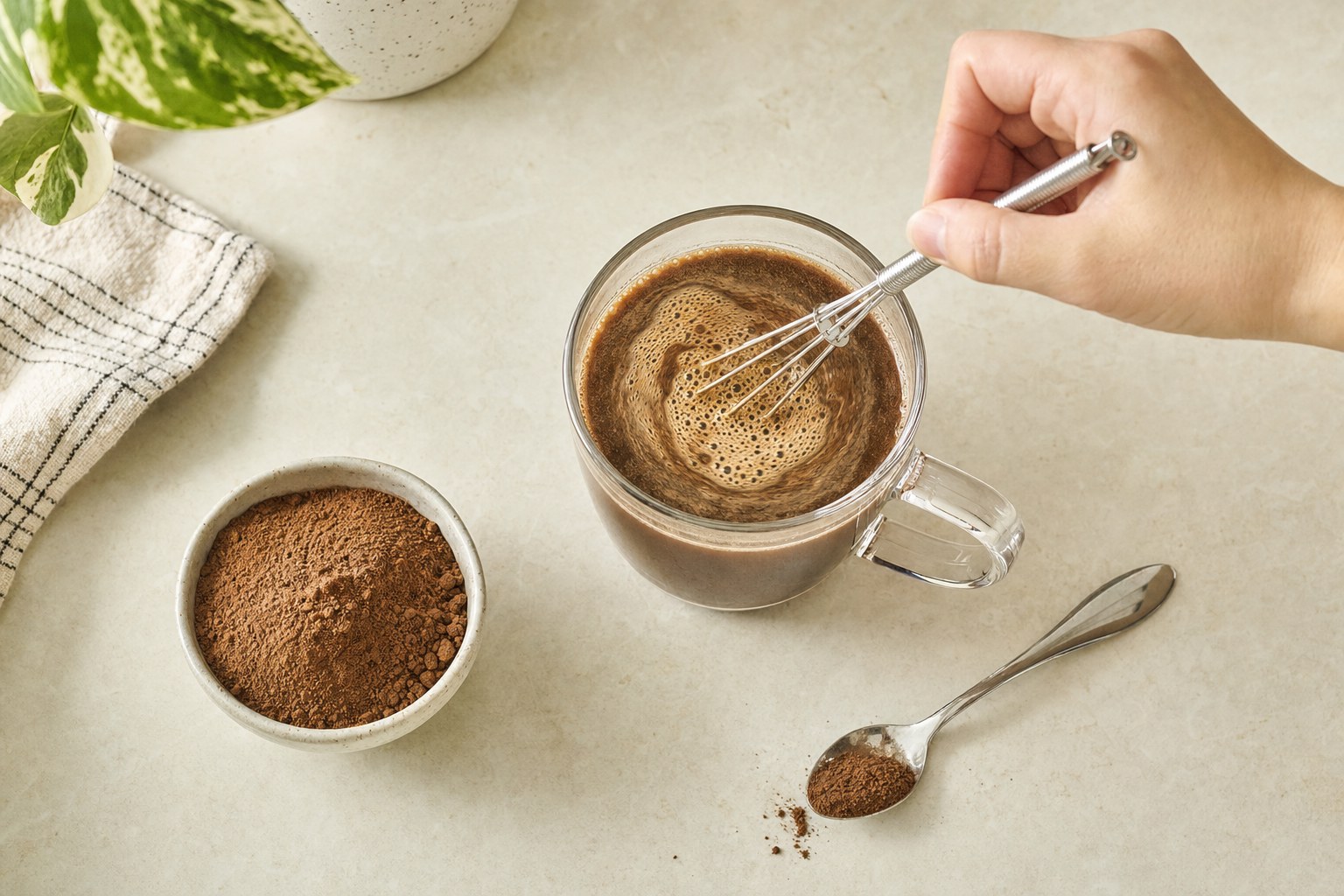 Mushroom coffee being whisked into a glass mug on a kitchen counter
