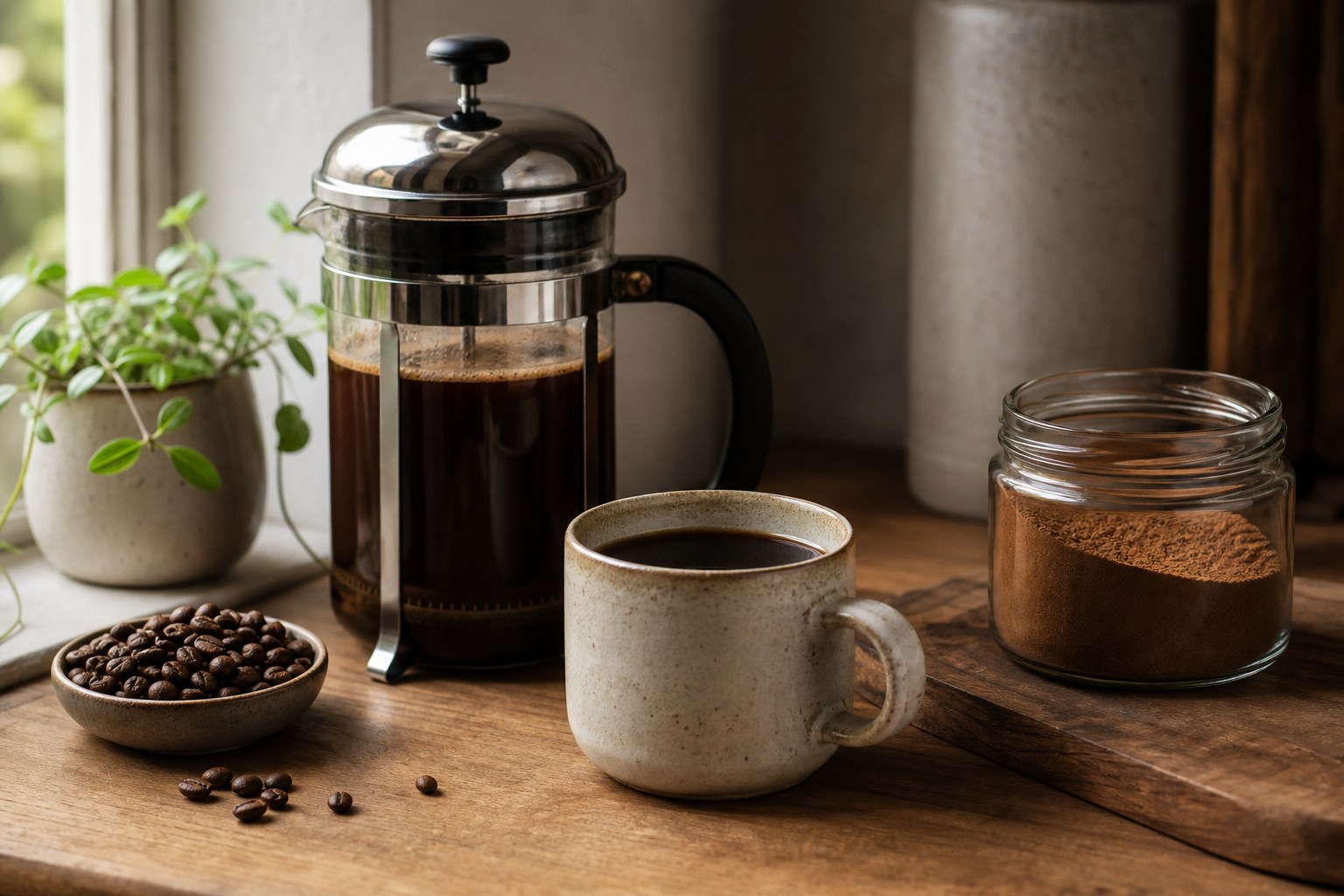 French press coffee, a ceramic mug, beans, and mushroom coffee powder