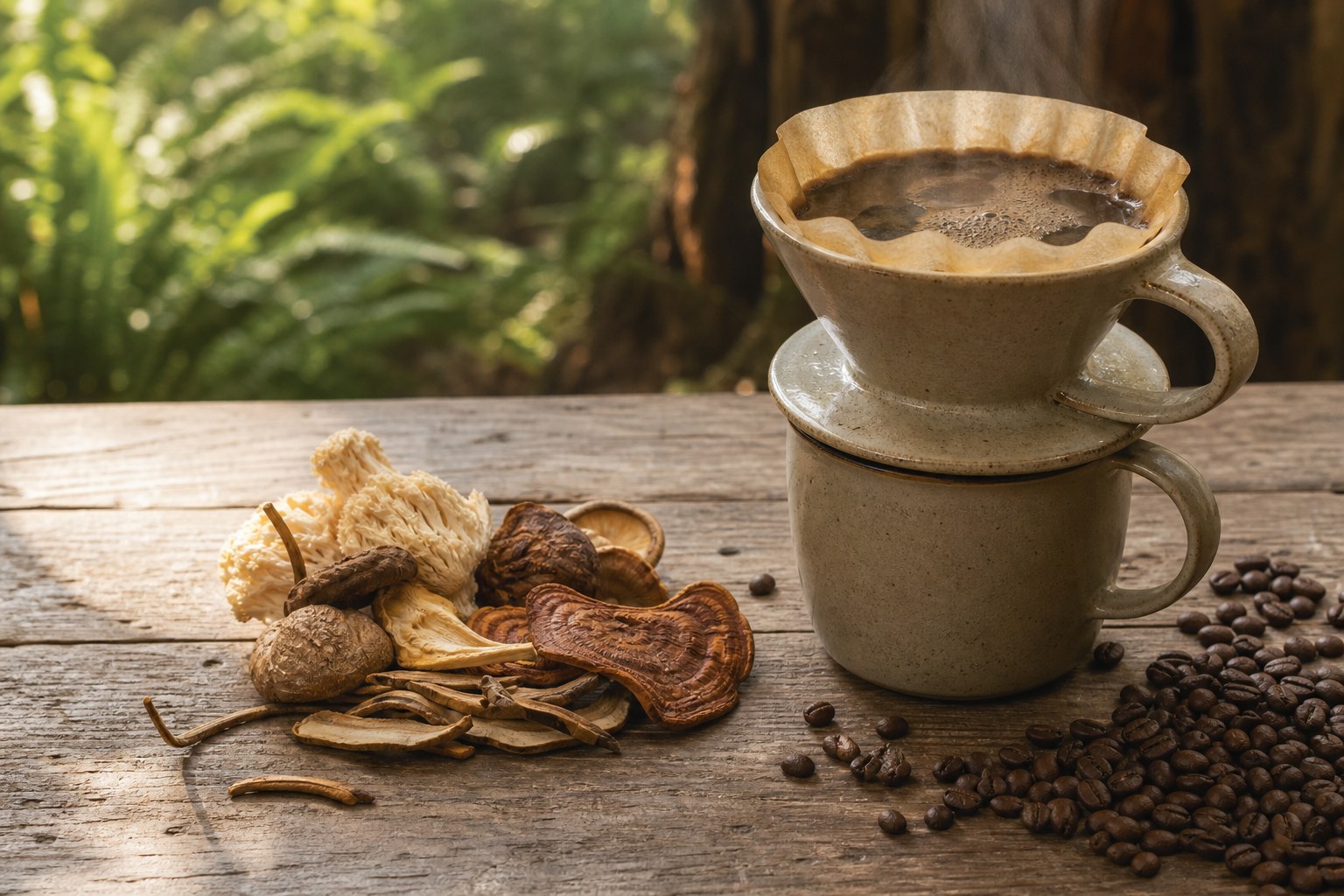 Fresh coffee, roasted beans, and dried culinary mushrooms on a wooden table