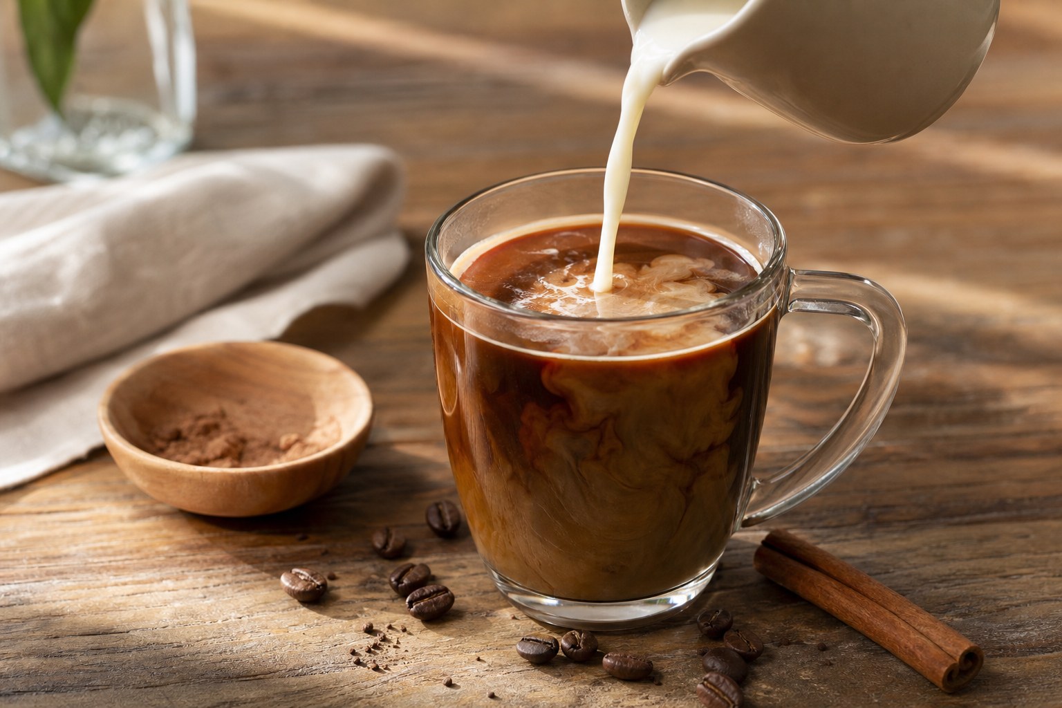 Milk being poured into a glass cup of coffee