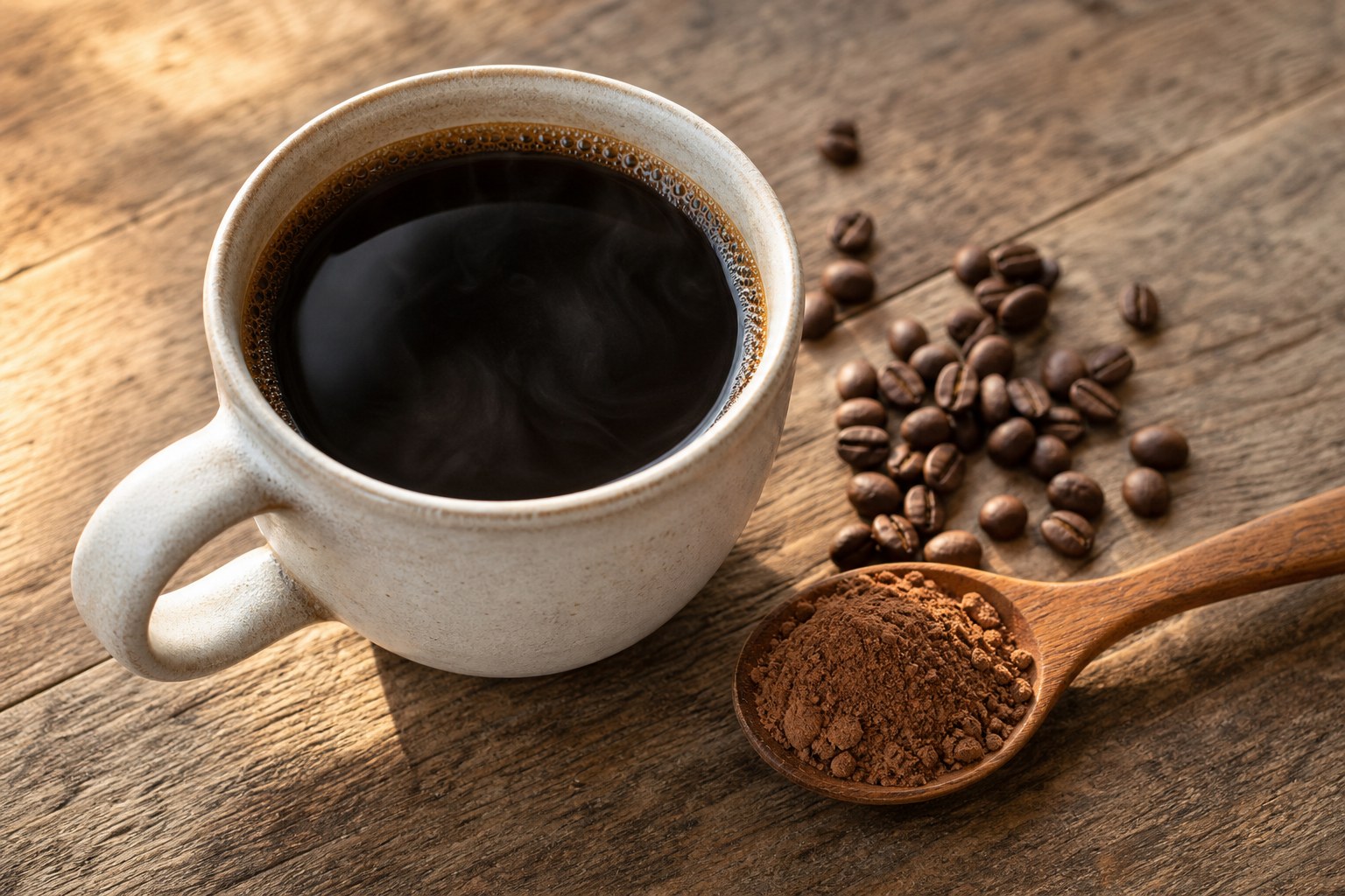 Black coffee beside roasted coffee beans and mushroom coffee powder