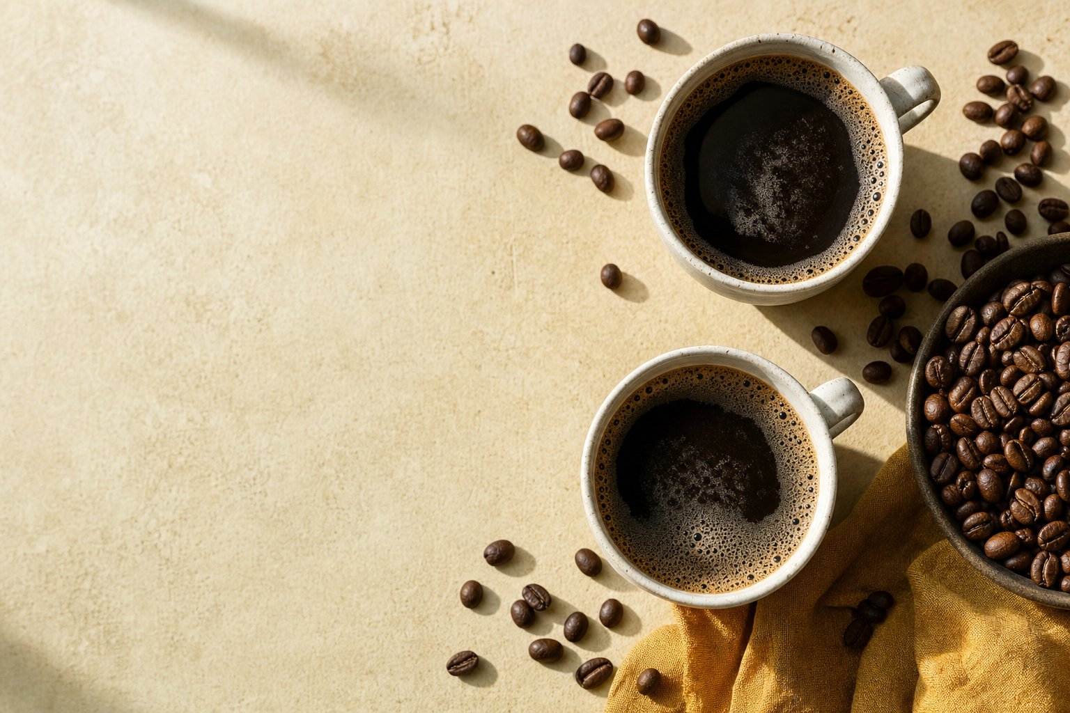 Freshly brewed black coffee and roasted coffee beans on a cream tabletop
