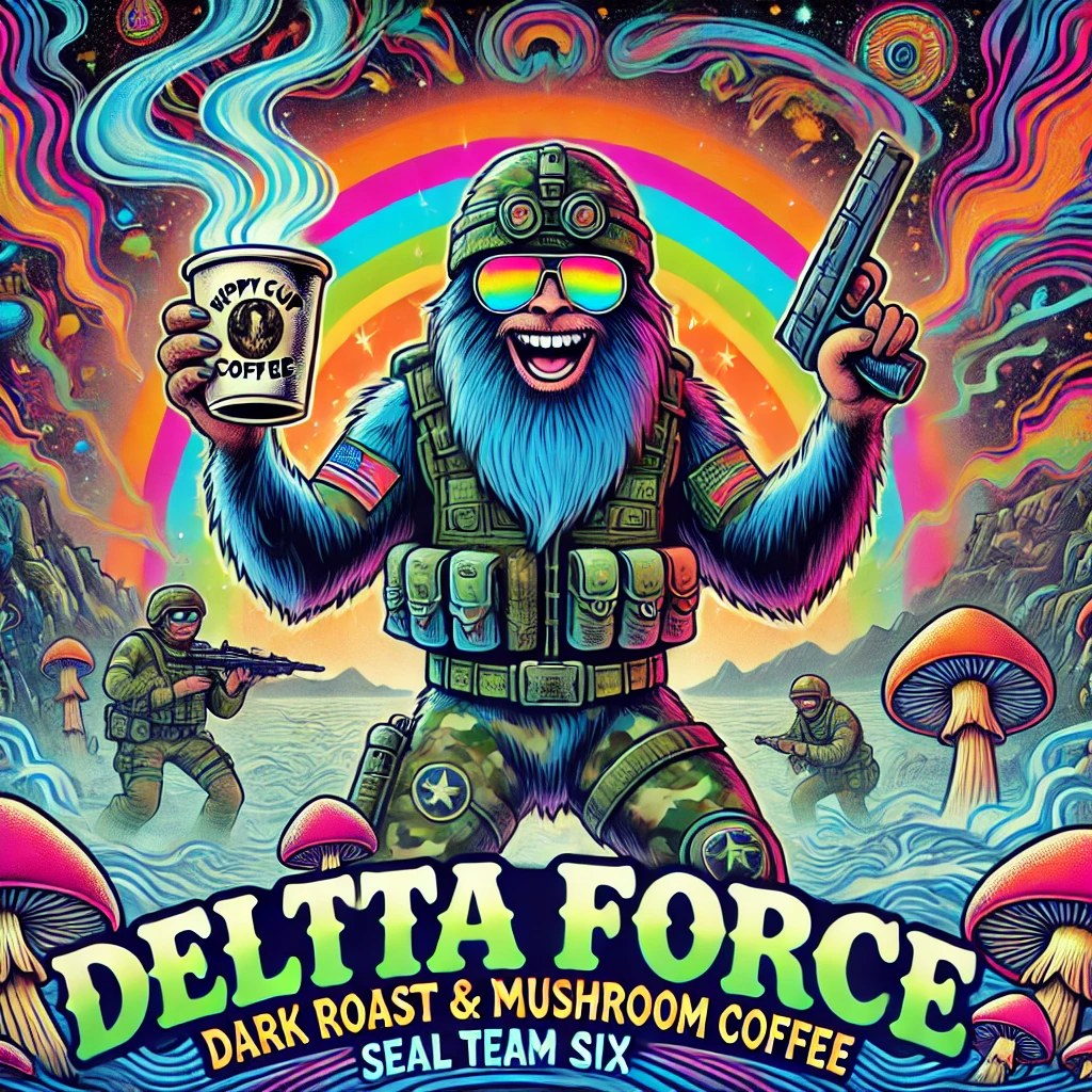 Bag of Hippycup Delta Force dark roast mushroom coffee