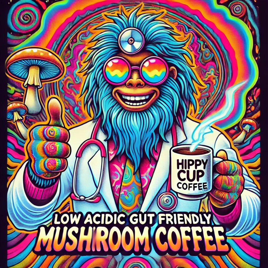 Hippycup low acid mushroom coffee bag against a warm yellow background