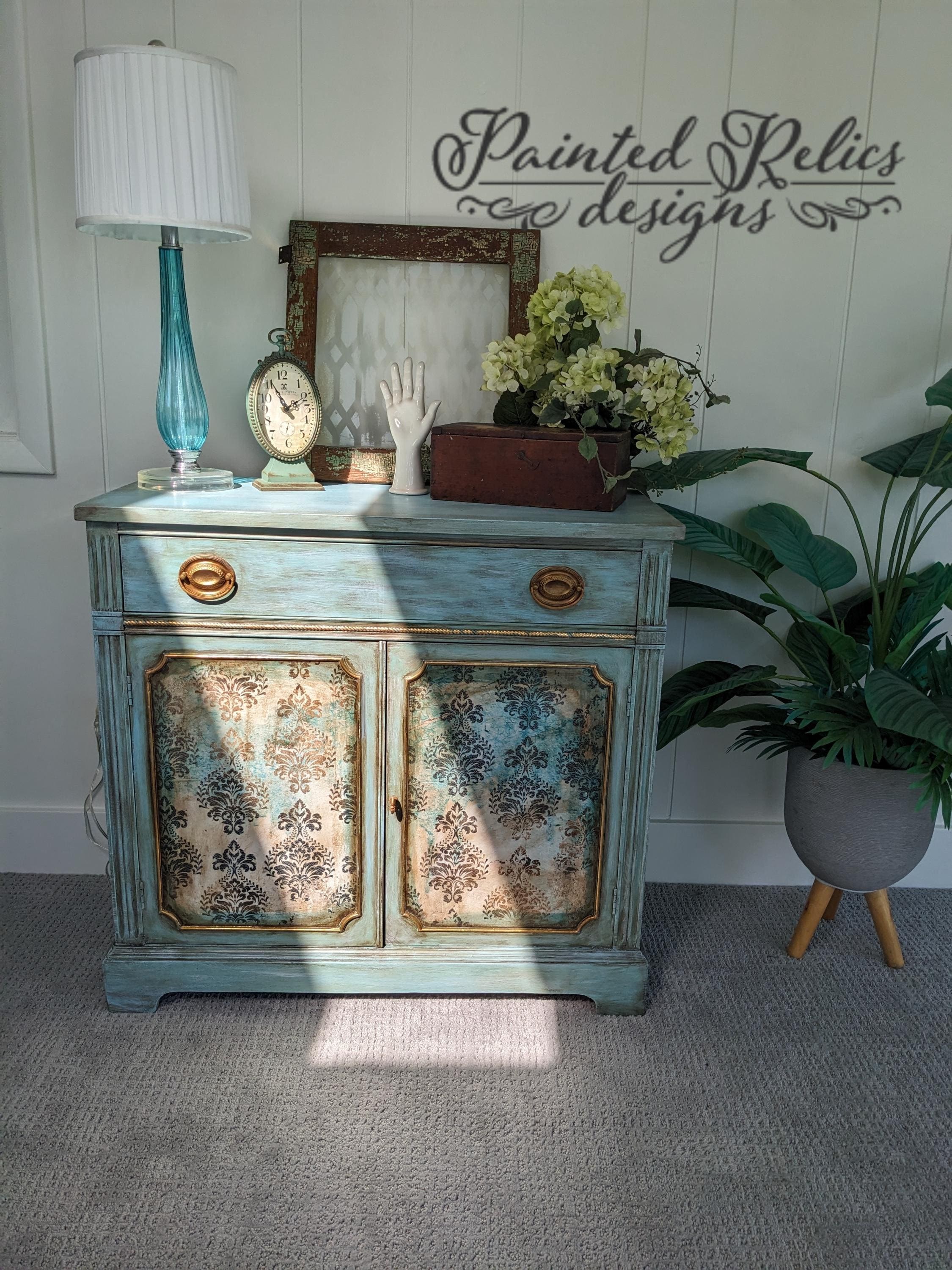 CUSTOM OPTION: French Country Sideboard, Blue & Gold, Decoupage Accents