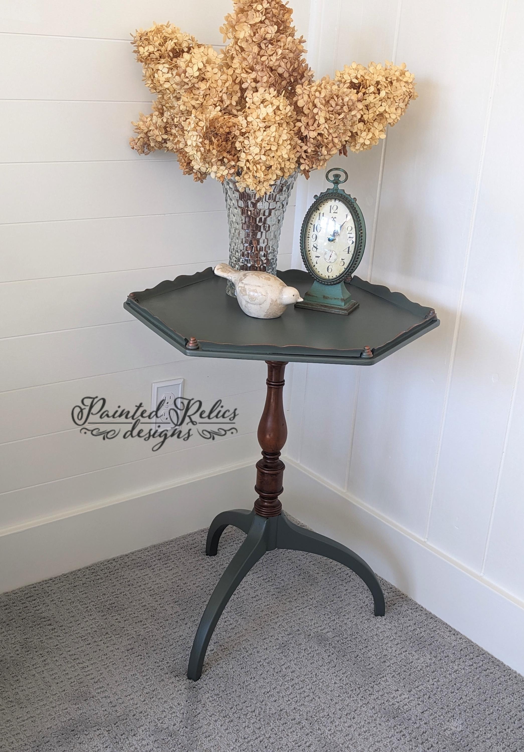 Vintage, Hexagonal, pie crust side table with pedestal base, view 8