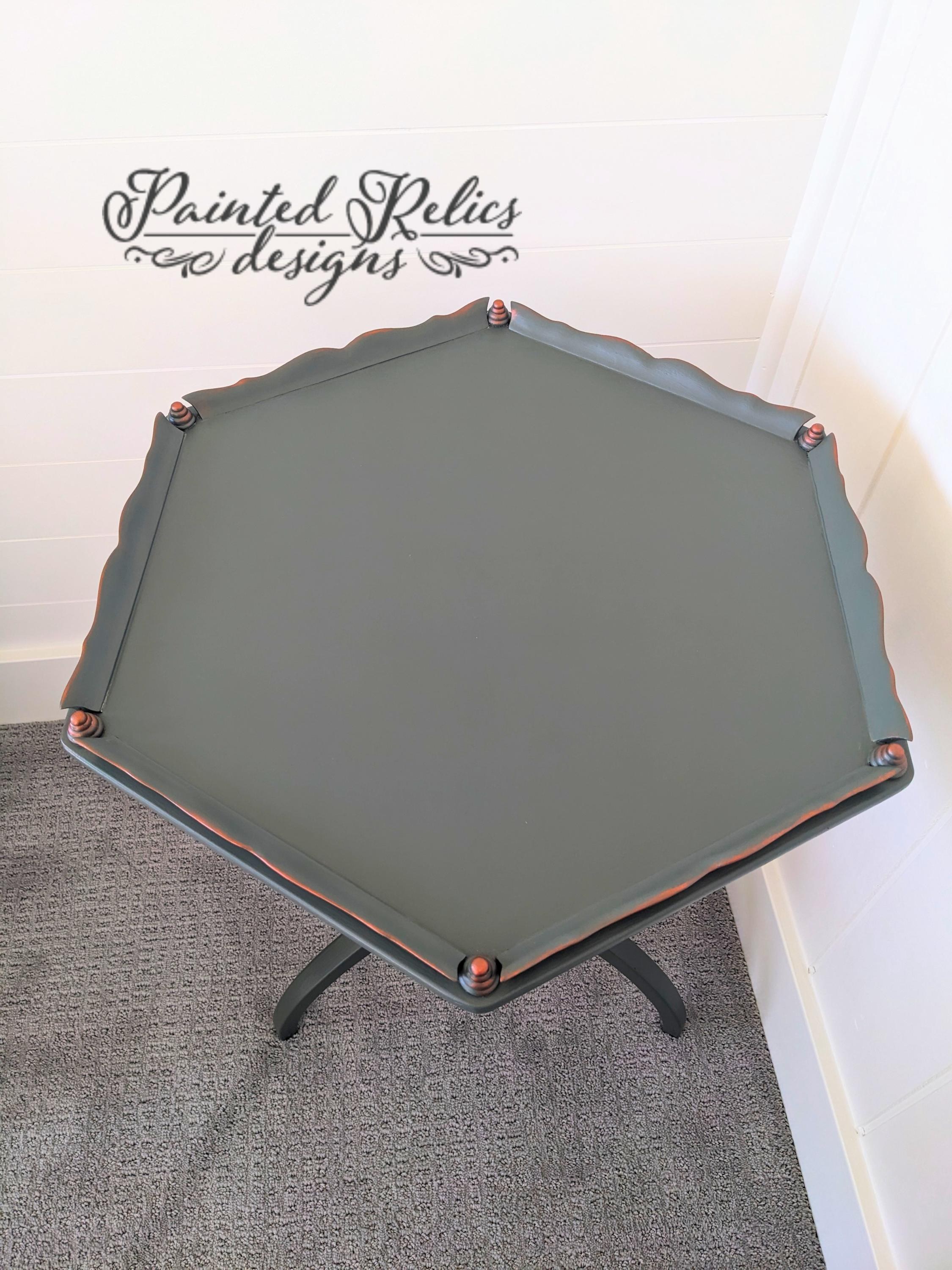 Vintage, Hexagonal, pie crust side table with pedestal base, view 10