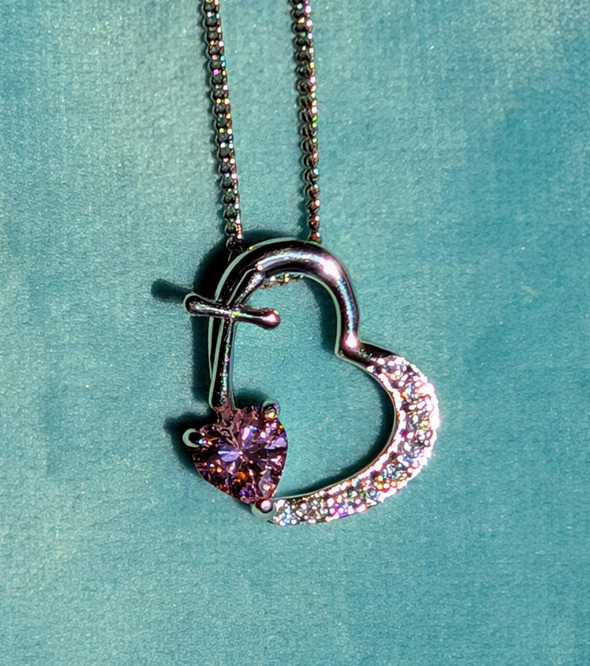 Sterling Silver Heart Necklace with CZs, view 3