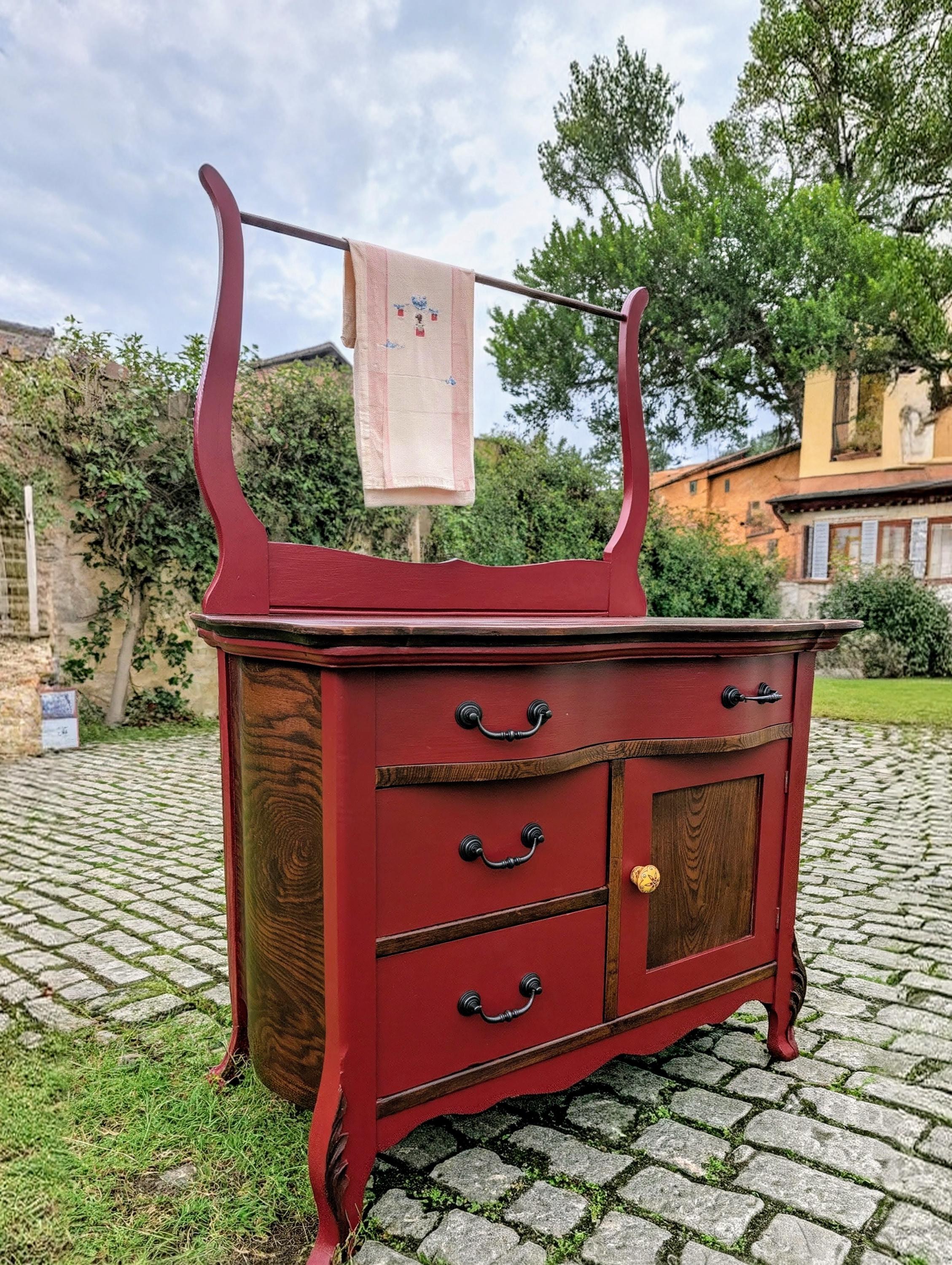 CUSTOM OPTION: Red Painted Walnut Dry Sink Serpentine Drawer, Bow Side Panels