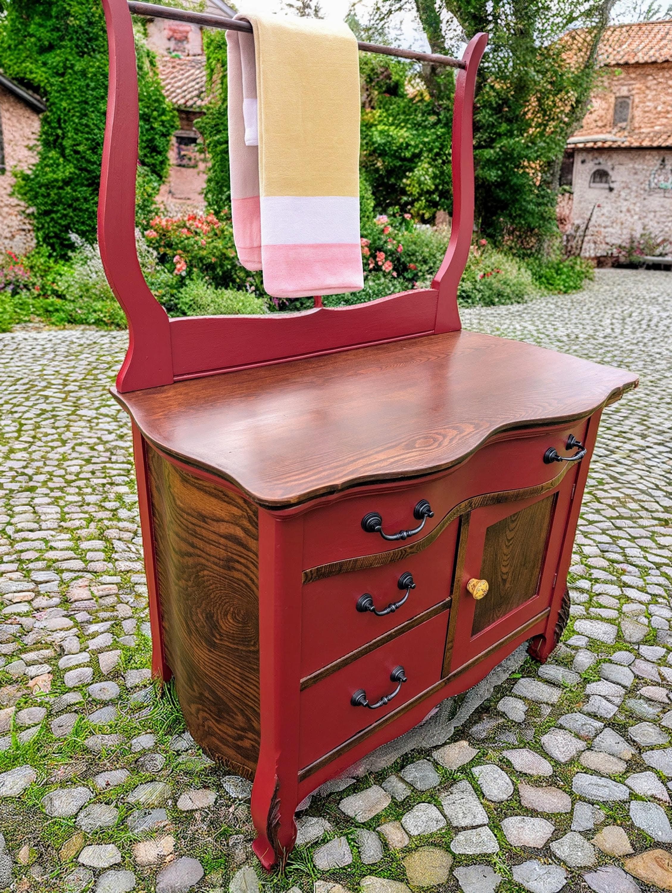 CUSTOM OPTION: Red Painted Walnut Dry Sink Serpentine Drawer, Bow Side Panels, view 2