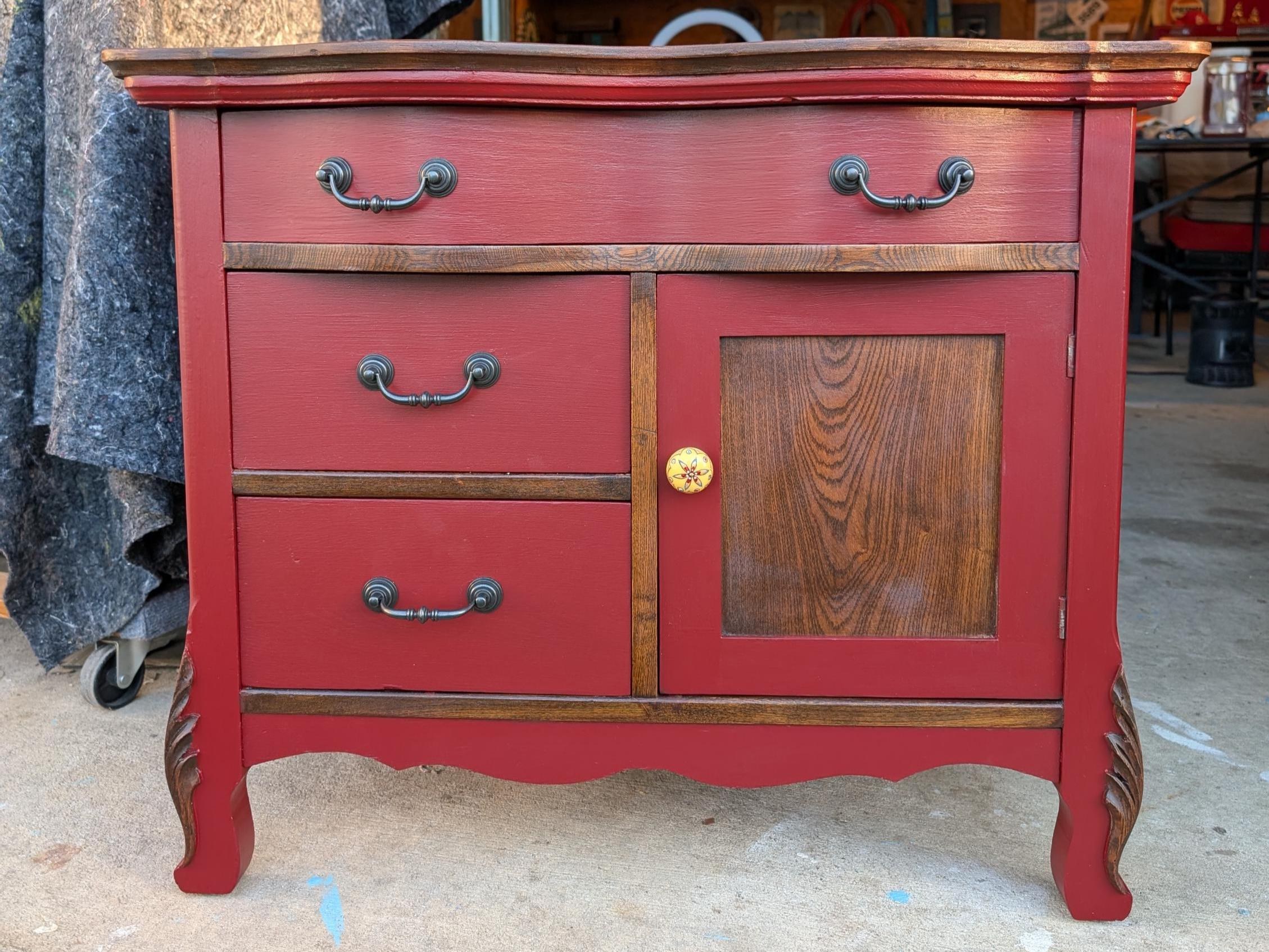 CUSTOM OPTION: Red Painted Walnut Dry Sink Serpentine Drawer, Bow Side Panels, view 3