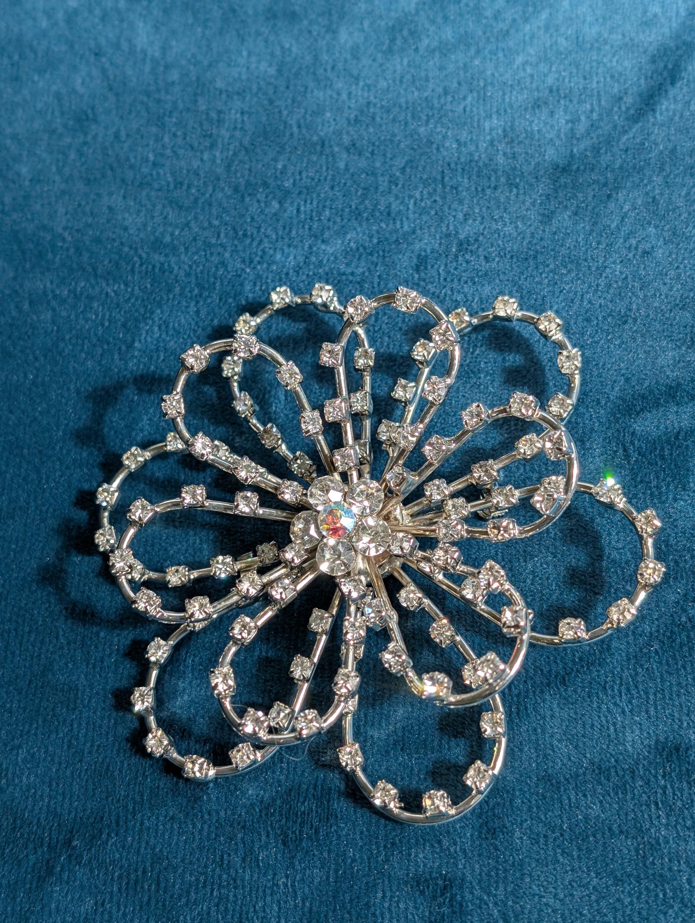 Vintage Silver Rhinestone Flower Broach, view 2