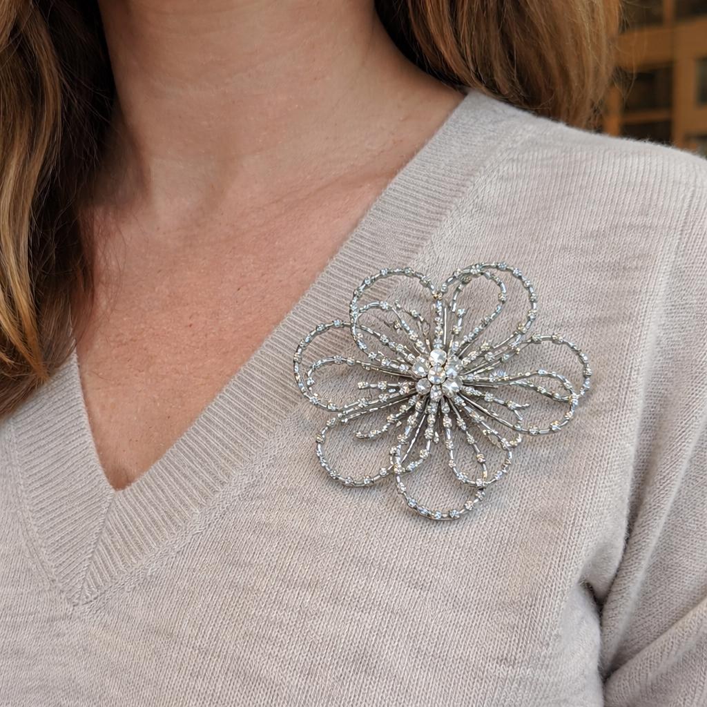Vintage Silver Rhinestone Flower Broach, view 3