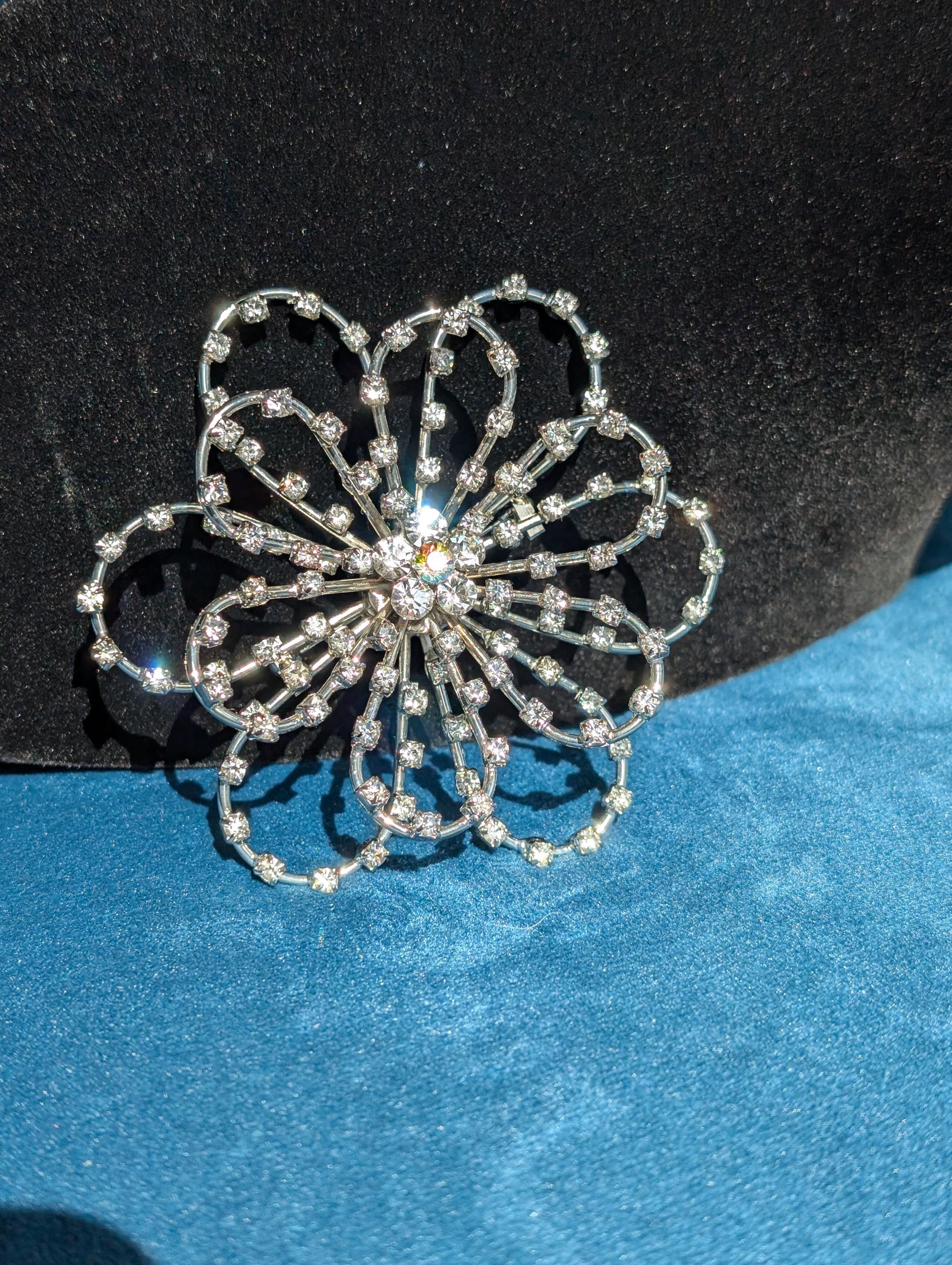 Vintage Silver Rhinestone Flower Broach, view 4
