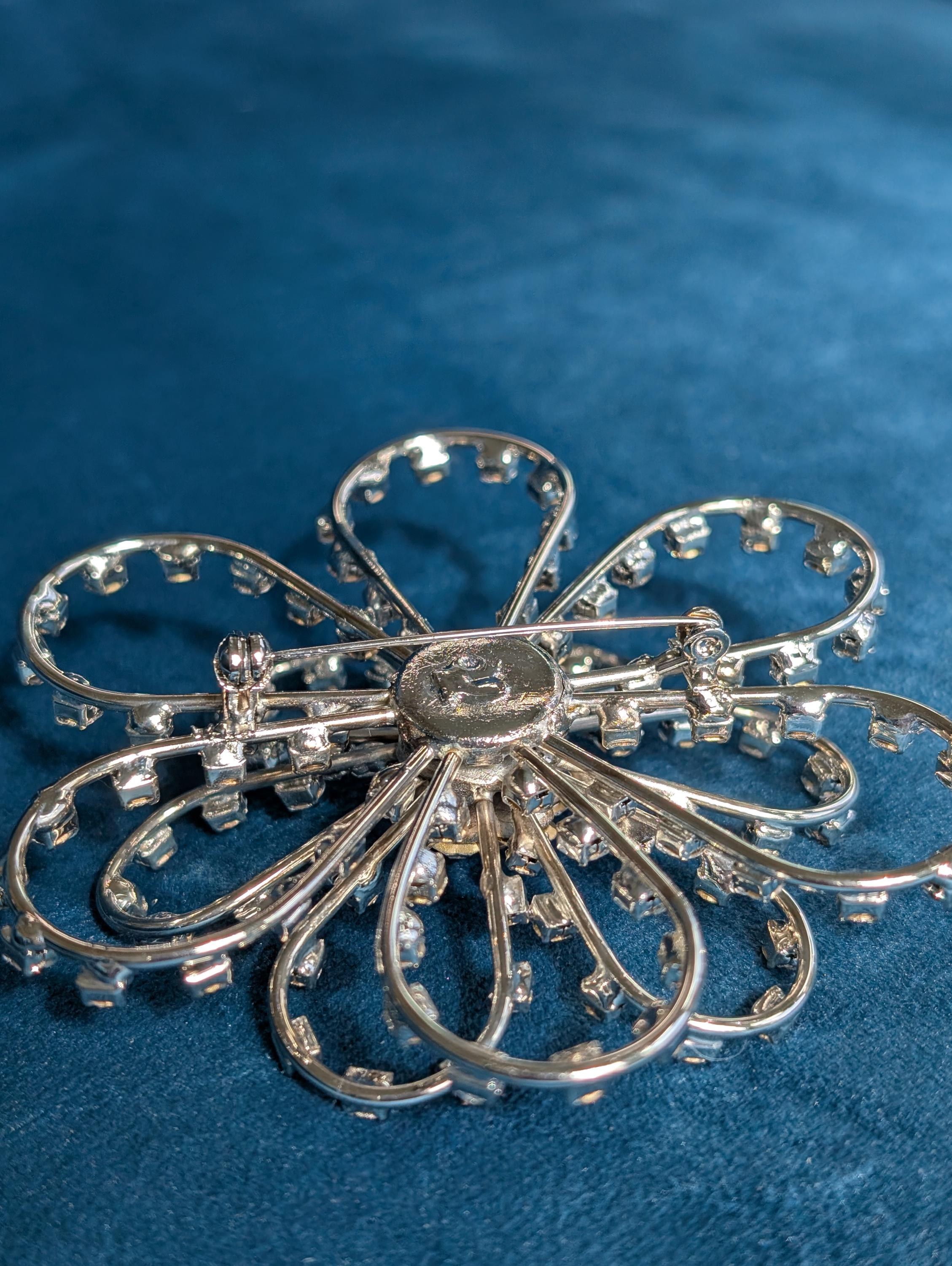 Vintage Silver Rhinestone Flower Broach, view 5