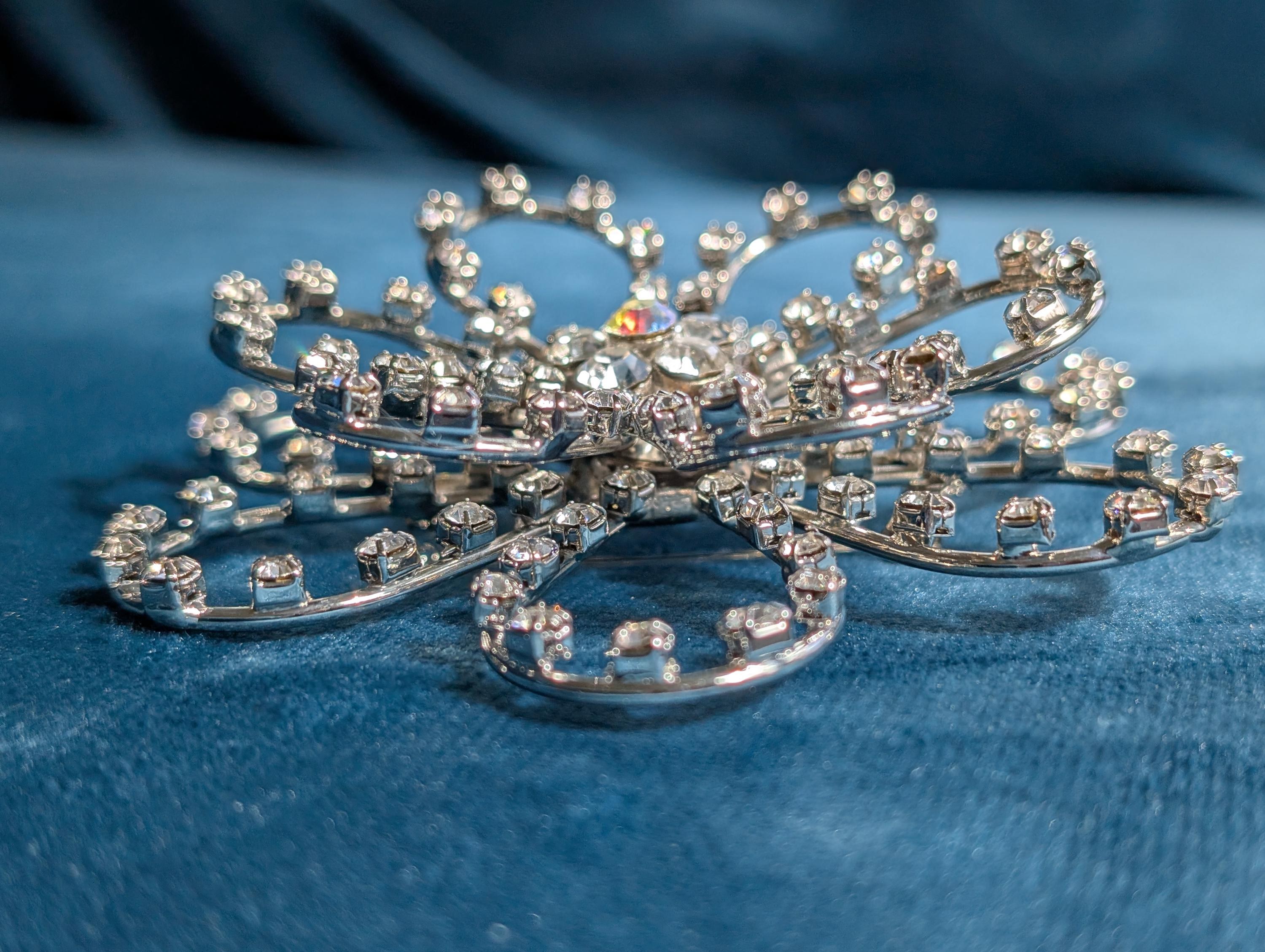 Vintage Silver Rhinestone Flower Broach, view 6