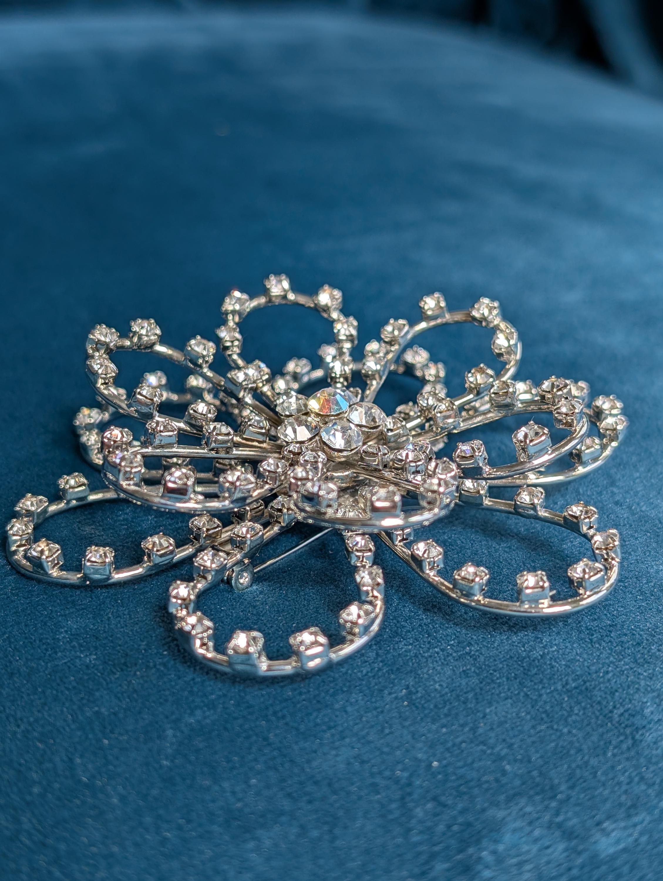 Vintage Silver Rhinestone Flower Broach, view 7