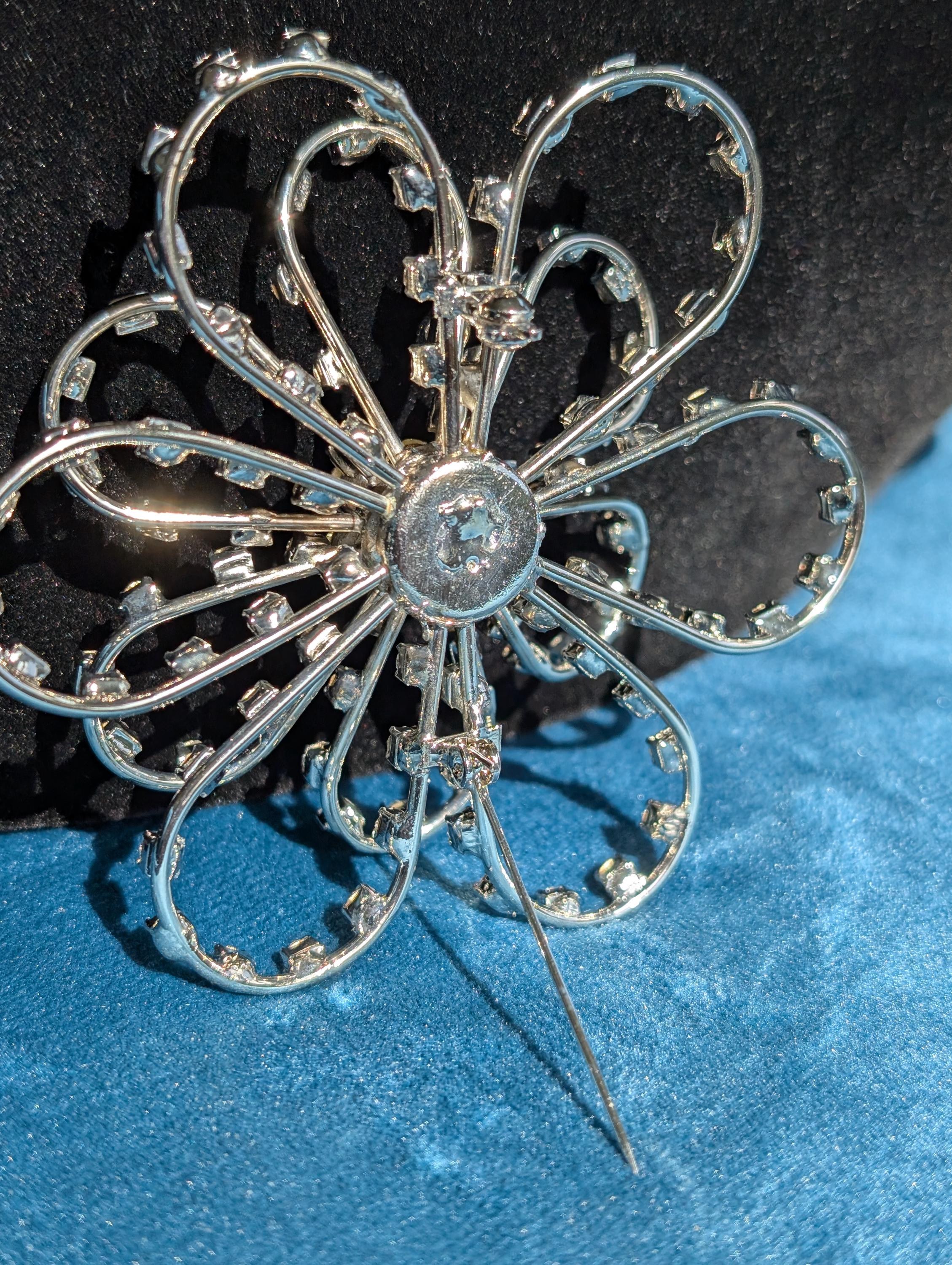 Vintage Silver Rhinestone Flower Broach, view 8