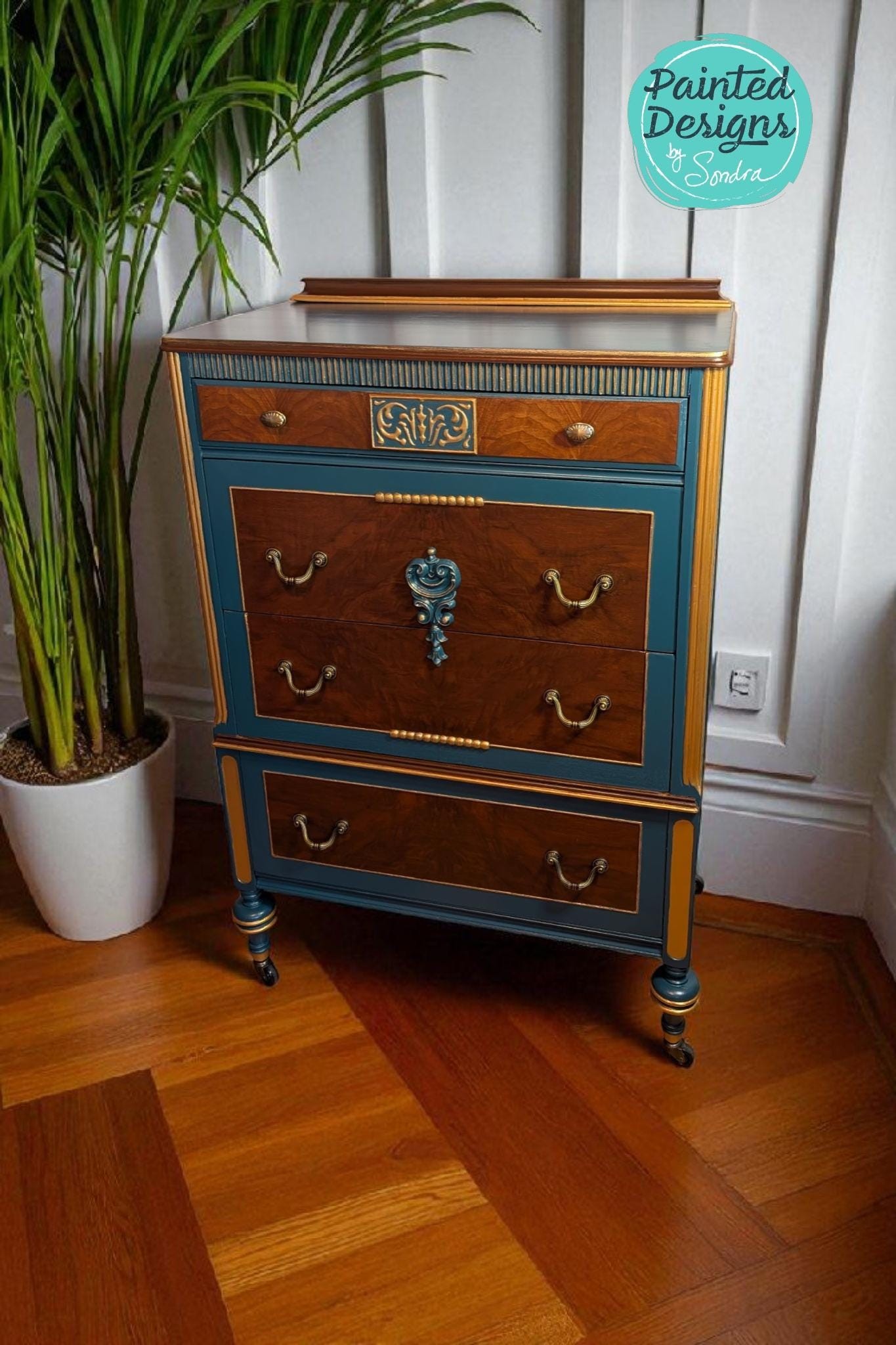 CUSTOM ORDER *OPTION.. Vintage Wood, Painted Blue & Gold Ornate Dresser