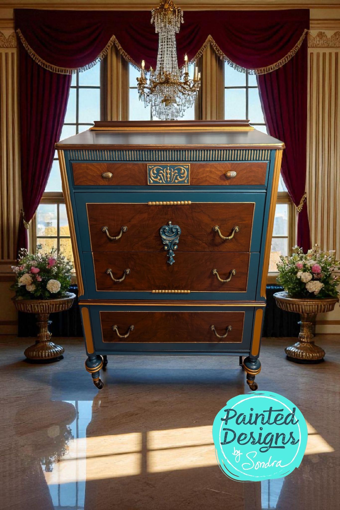 CUSTOM ORDER *OPTION.. Vintage Wood, Painted Blue & Gold Ornate Dresser