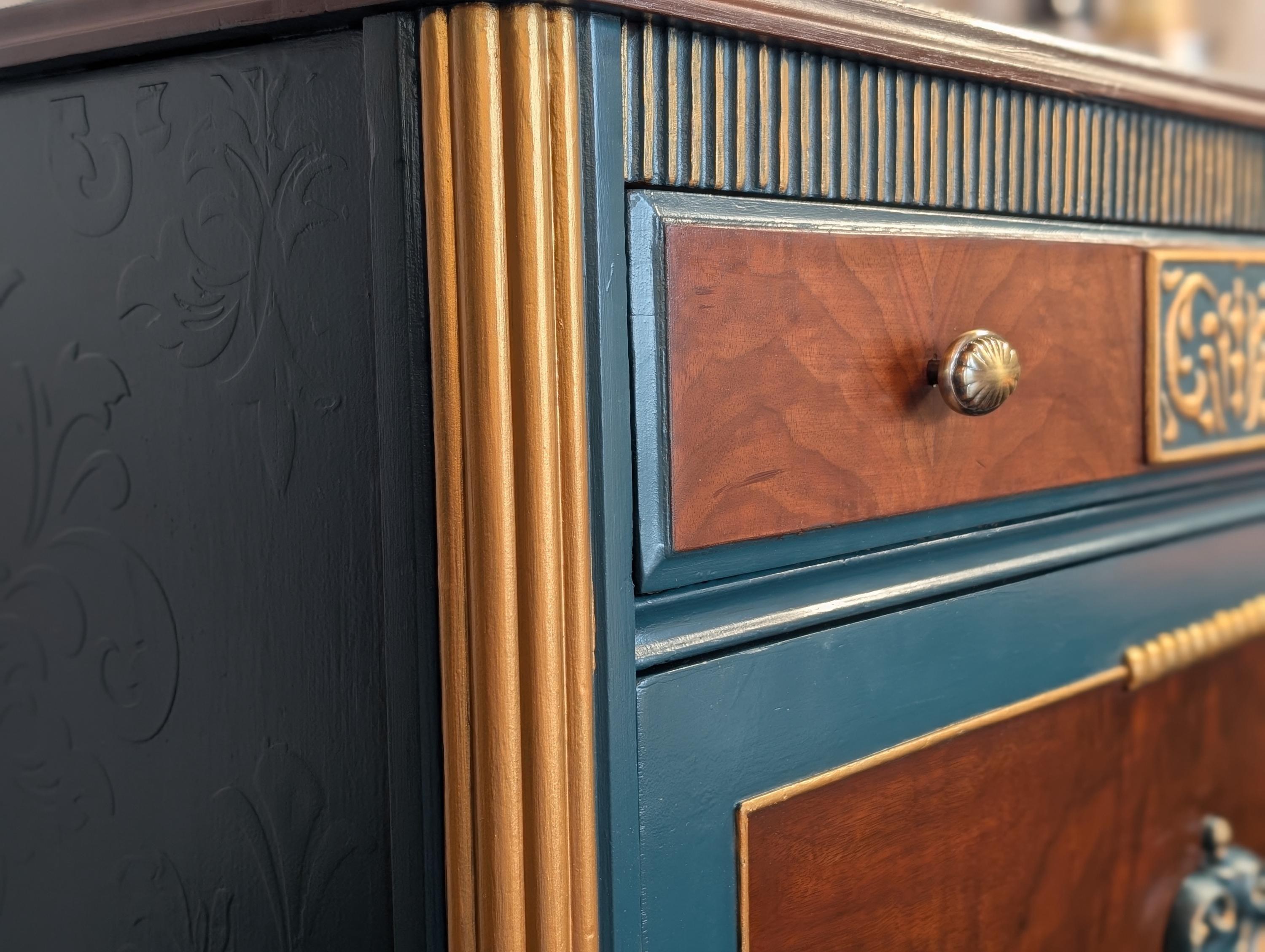 CUSTOM ORDER *OPTION.. Vintage Wood, Painted Blue & Gold Ornate Dresser, view 2