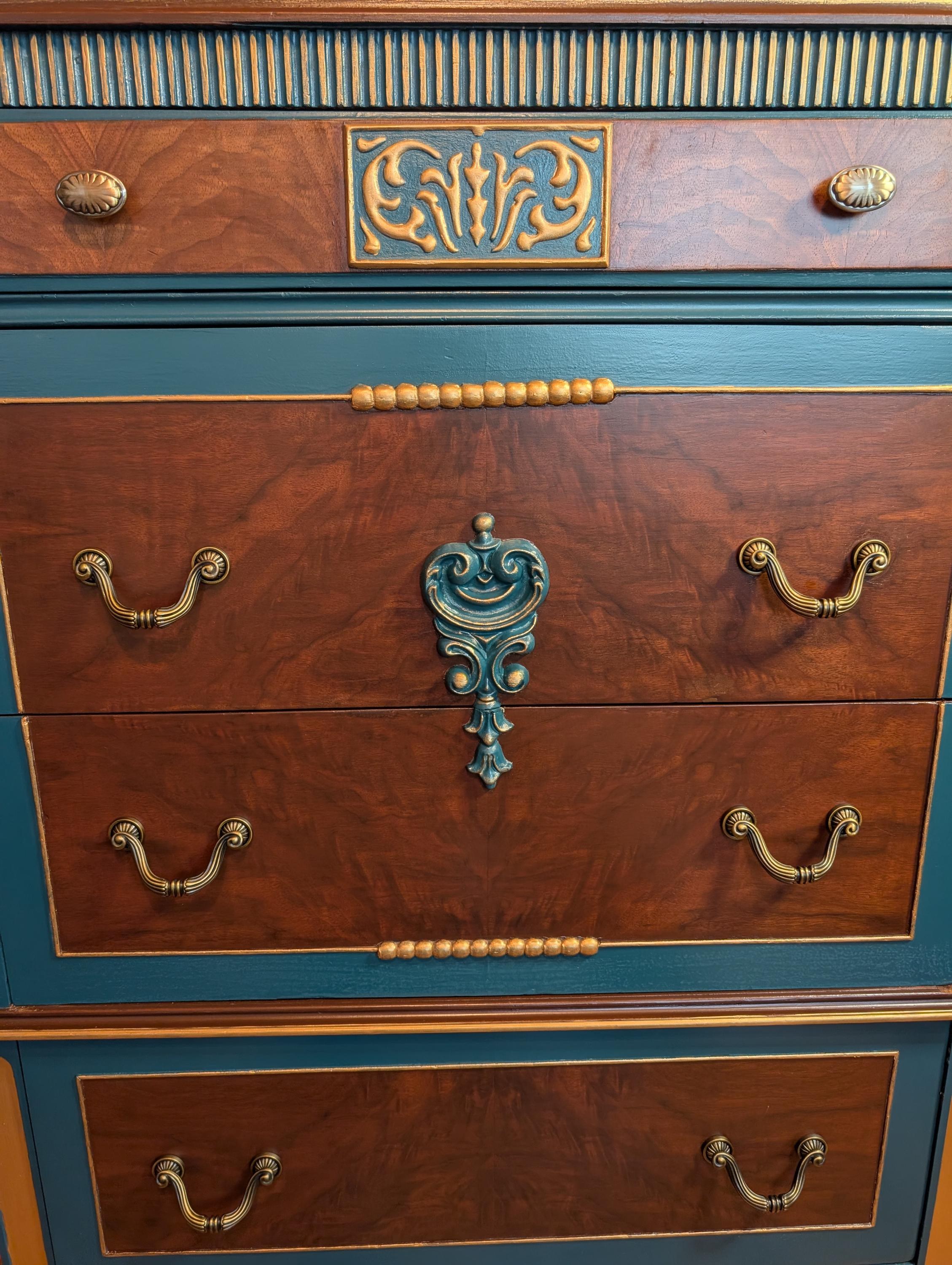 CUSTOM ORDER *OPTION.. Vintage Wood, Painted Blue & Gold Ornate Dresser, view 3